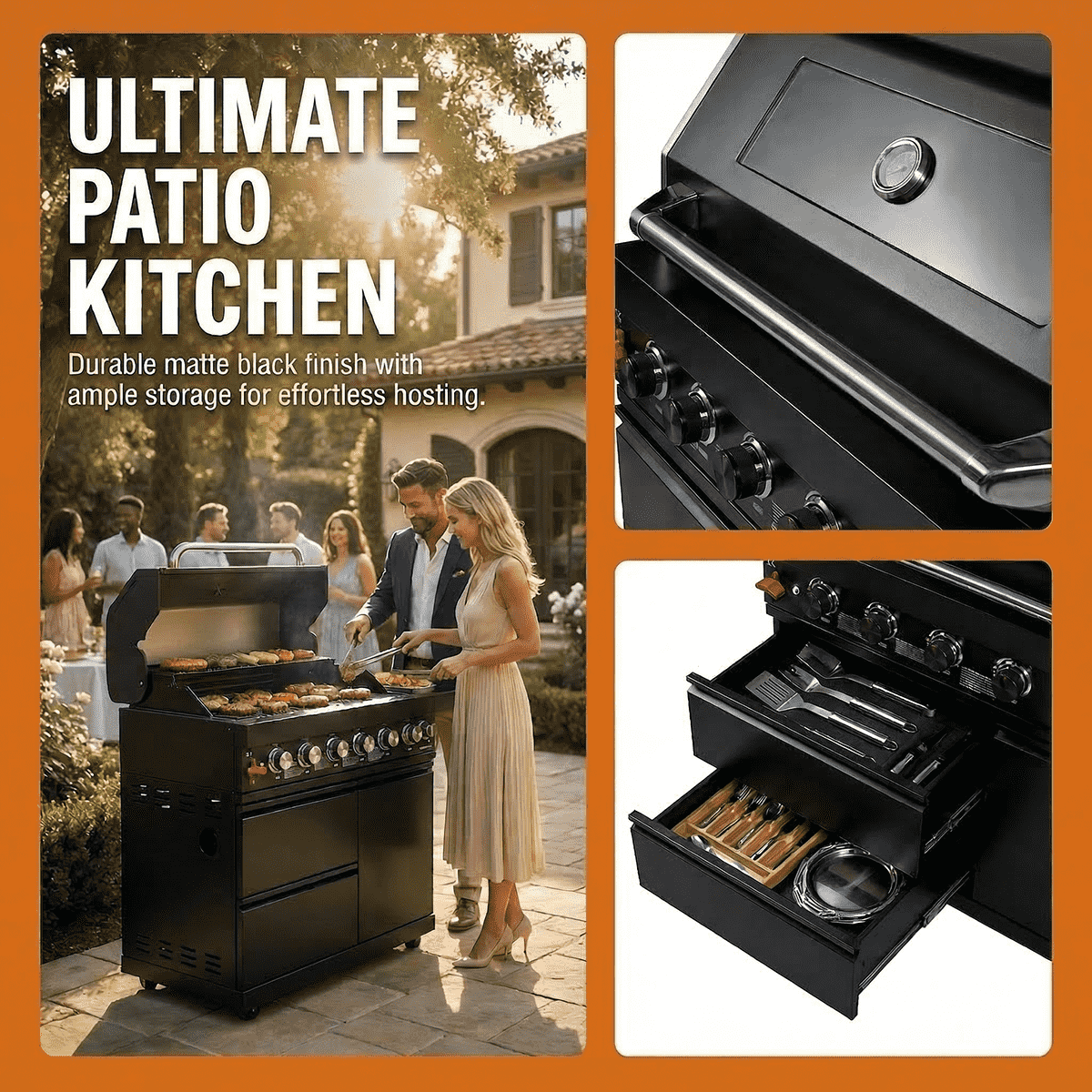 43" Six-Burner 85,000 BTU Stainless Steel Outdoor Kitchen Grill Island – Black