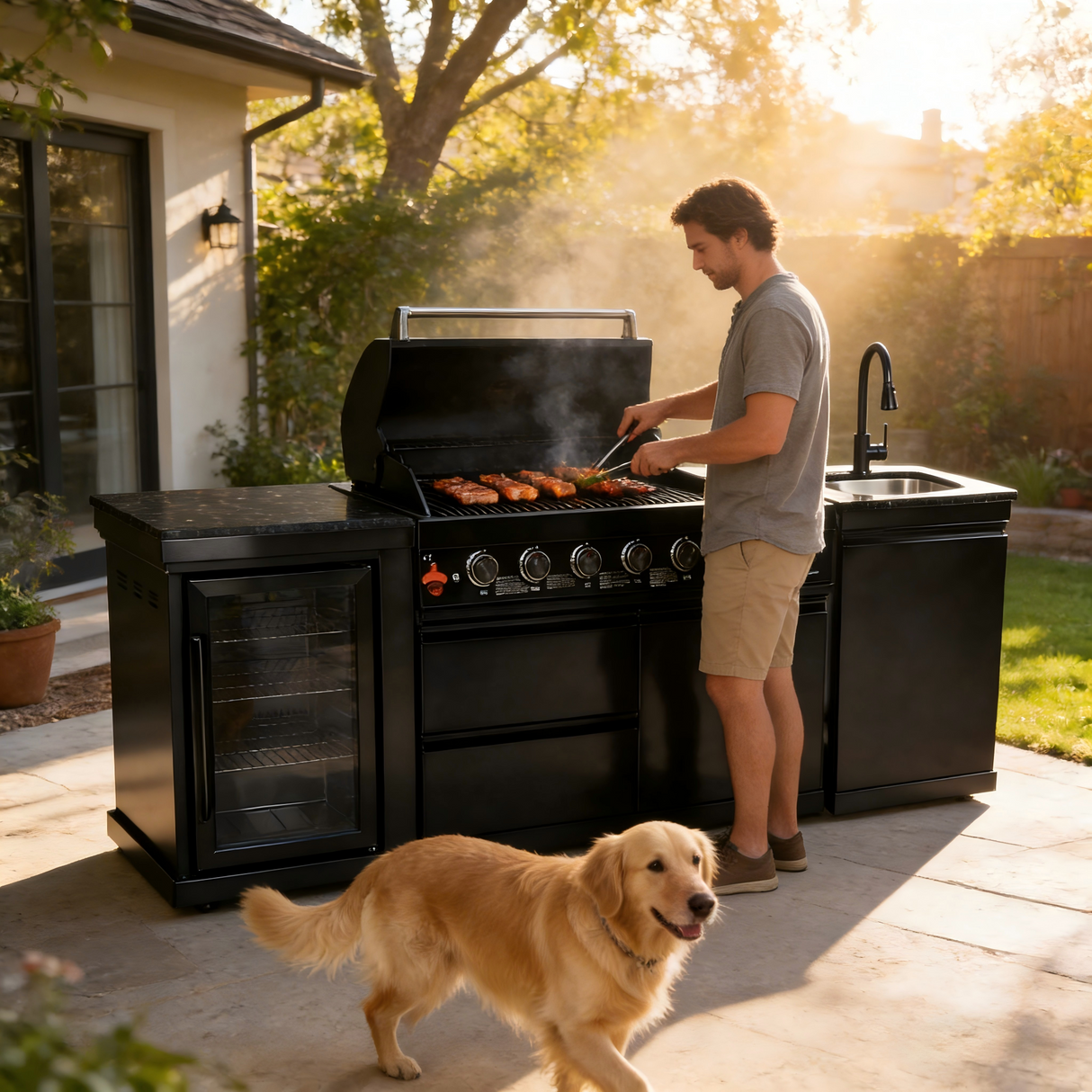 82" 85,000 BTU Outdoor Kitchen with 6-Burner Grill, Sink & Beverage Refrigerator – Black