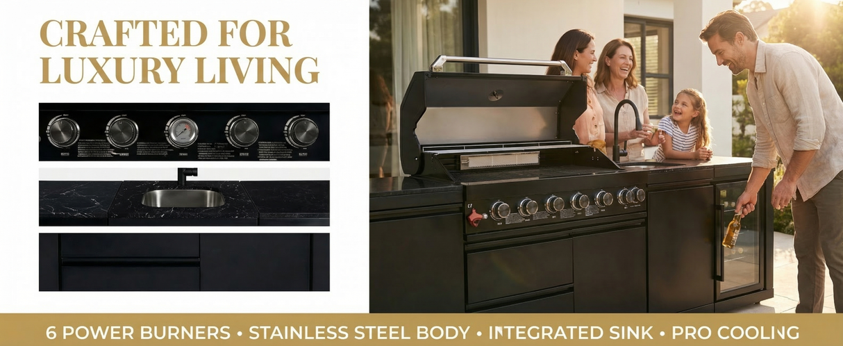 102" 85,000 BTU Outdoor Kitchen with 6-Burner Grill, Refrigerator & Sink – Black