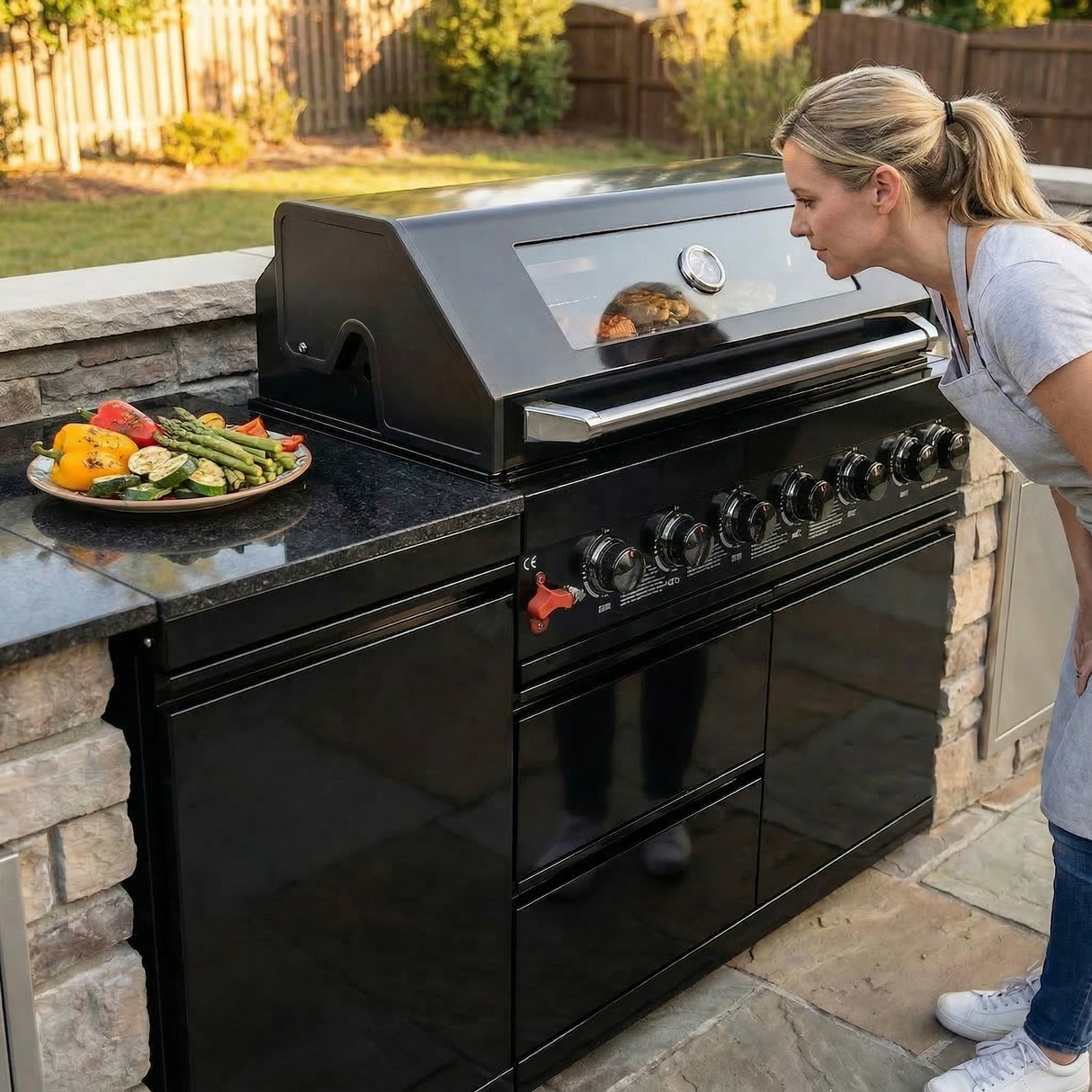 63" Six-Zone 85,000 BTU Outdoor Kitchen with Refrigerator & Marble Countertops – Black