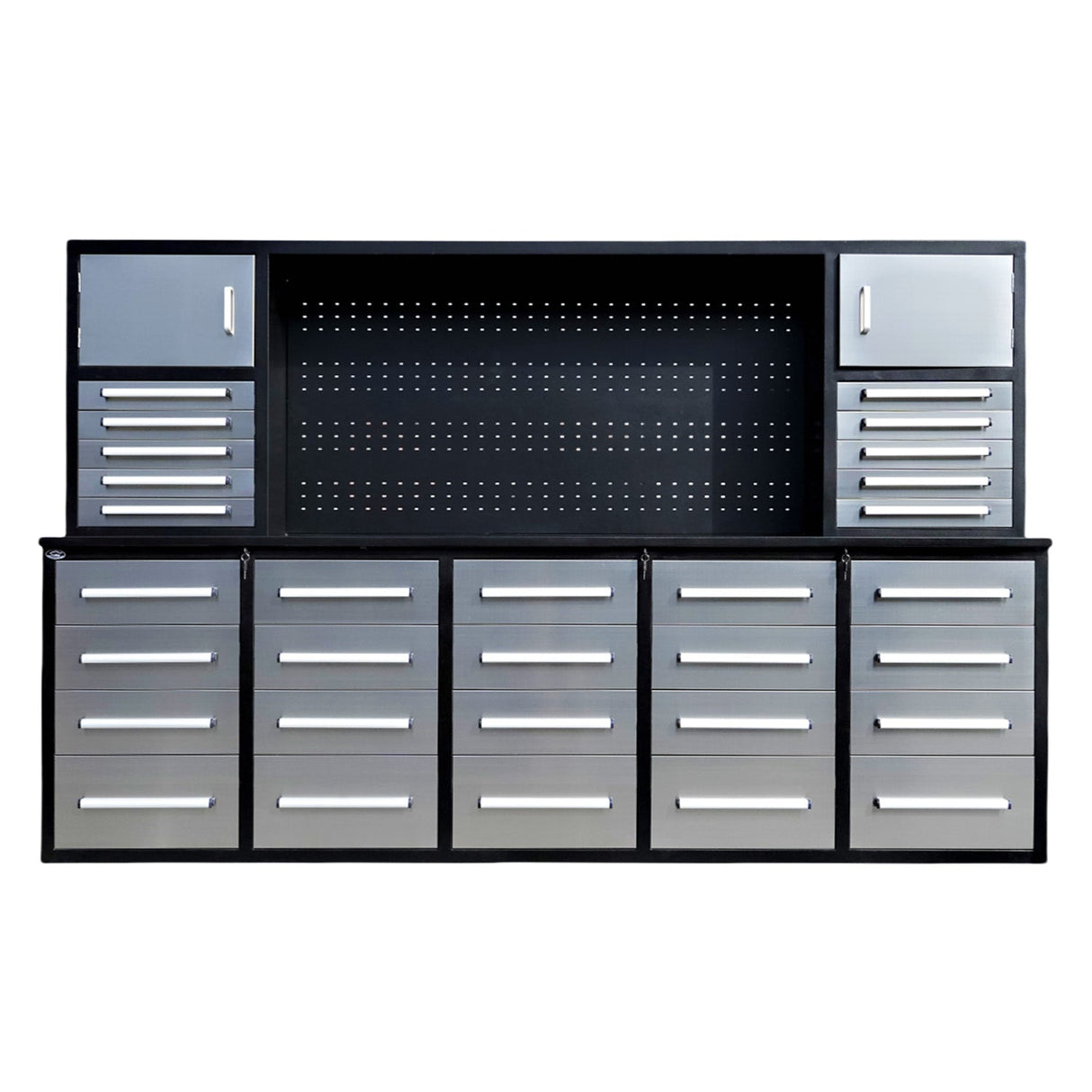 10' Workbench Cabinet with 30 Drawers, 2 Cabinets & Pegboard