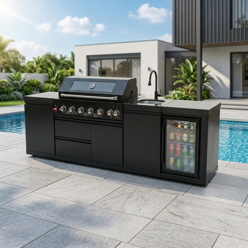 102" 85,000 BTU Outdoor Kitchen with 6-Burner Grill, Refrigerator & Sink – Black