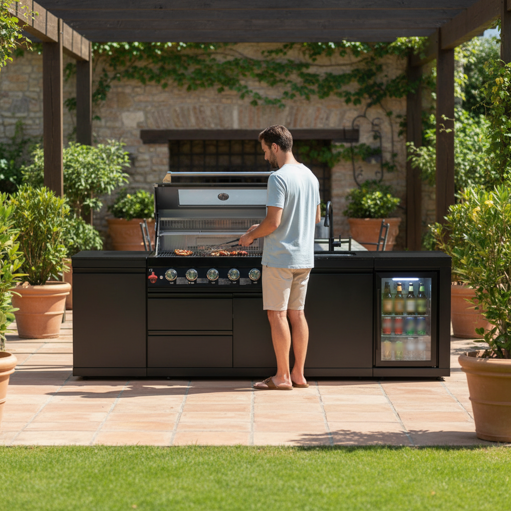 102" 85,000 BTU Outdoor Kitchen with 6-Burner Grill, Refrigerator & Sink – Black