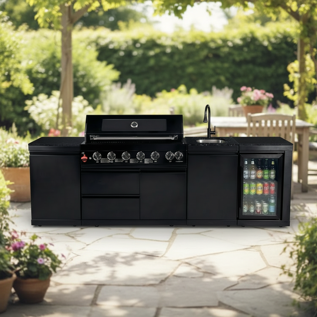 102" 85,000 BTU Outdoor Kitchen with 6-Burner Grill, Refrigerator & Sink – Black