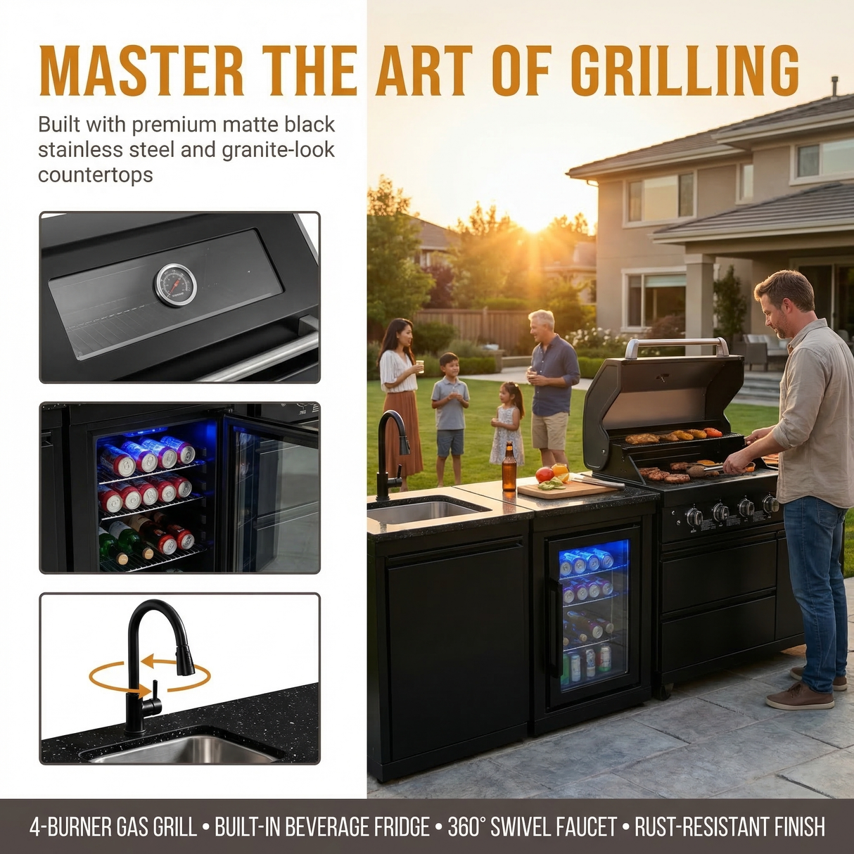 104" Stainless Steel Outdoor Kitchen Island with 4-Burner Grill, Beverage Cooler & Sink – Black