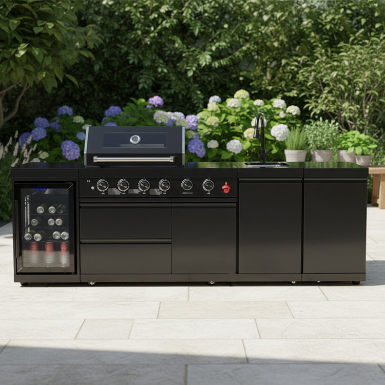 104" Stainless Steel Outdoor Kitchen Island with 4-Burner Grill, Beverage Cooler & Sink – Black