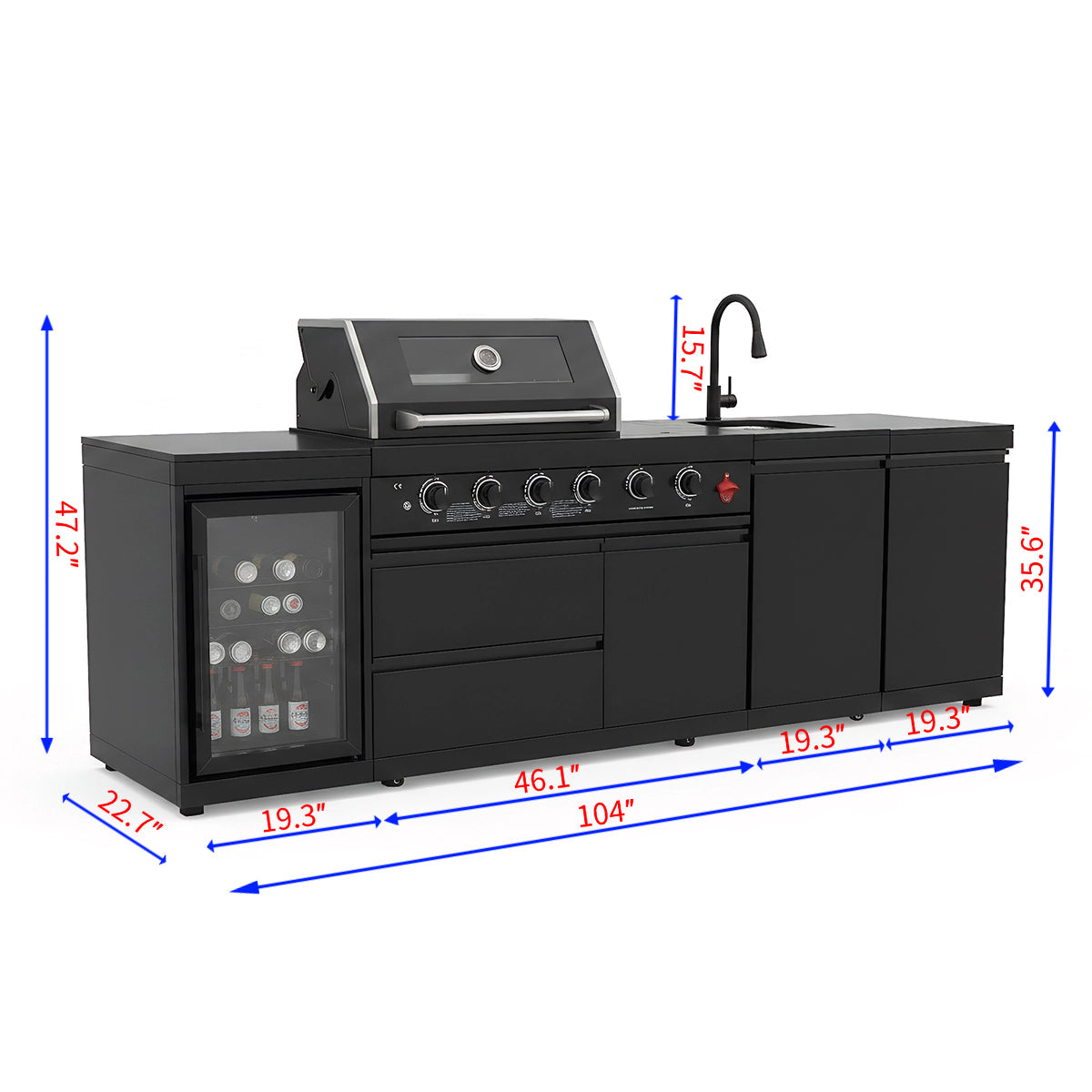 104" Stainless Steel Outdoor Kitchen Island with 4-Burner Grill, Beverage Cooler & Sink – Black