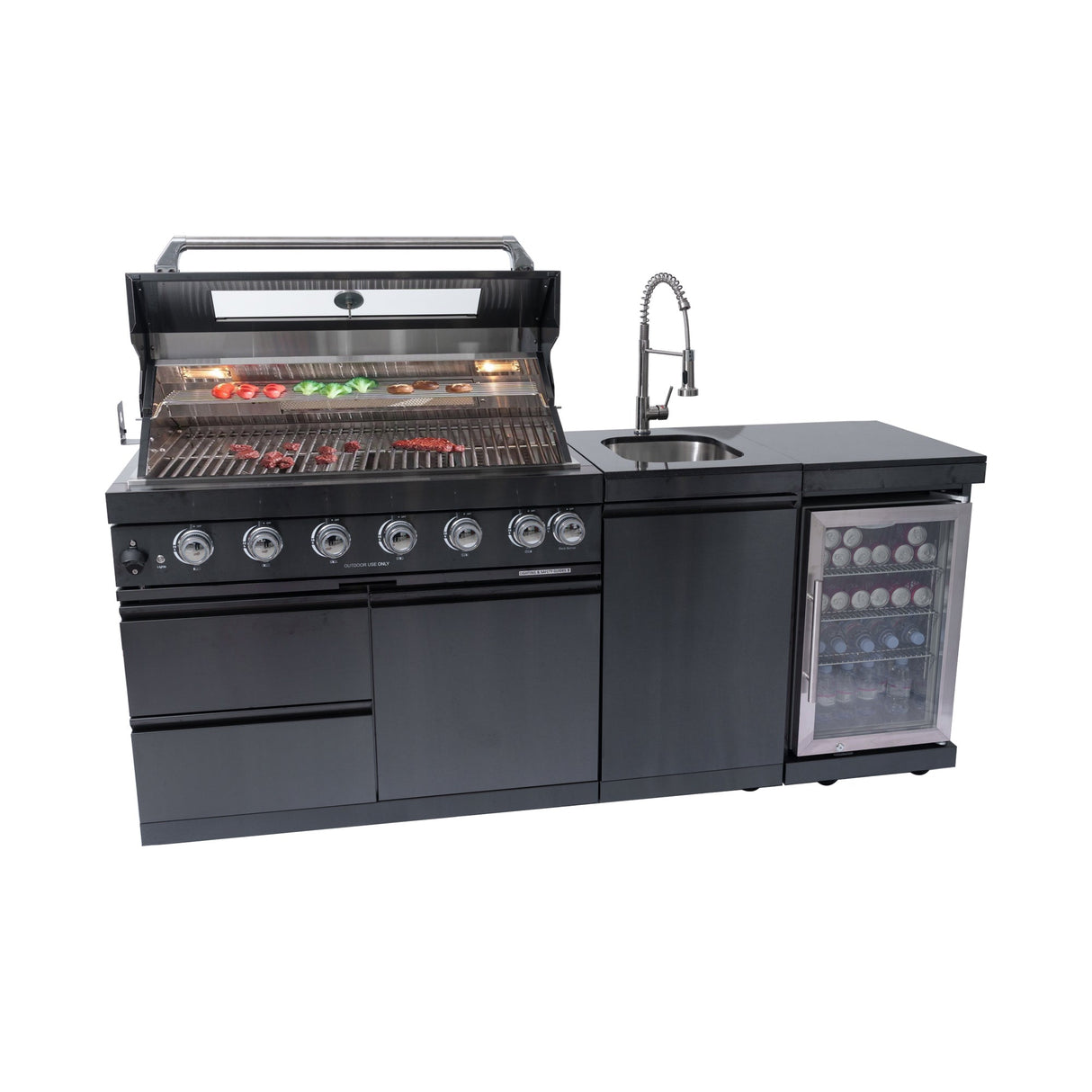 85" Natural Gas Outdoor Kitchen with 6-Burner Grill, Refrigerator, Rotisserie & Sink – Black