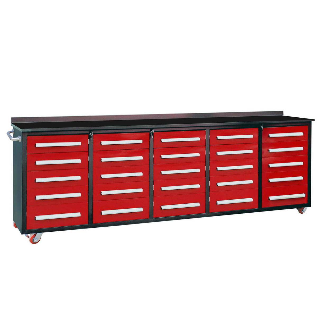 10' Mobile 25-Drawer Steel Storage Workbench with Plywood-Lined Top