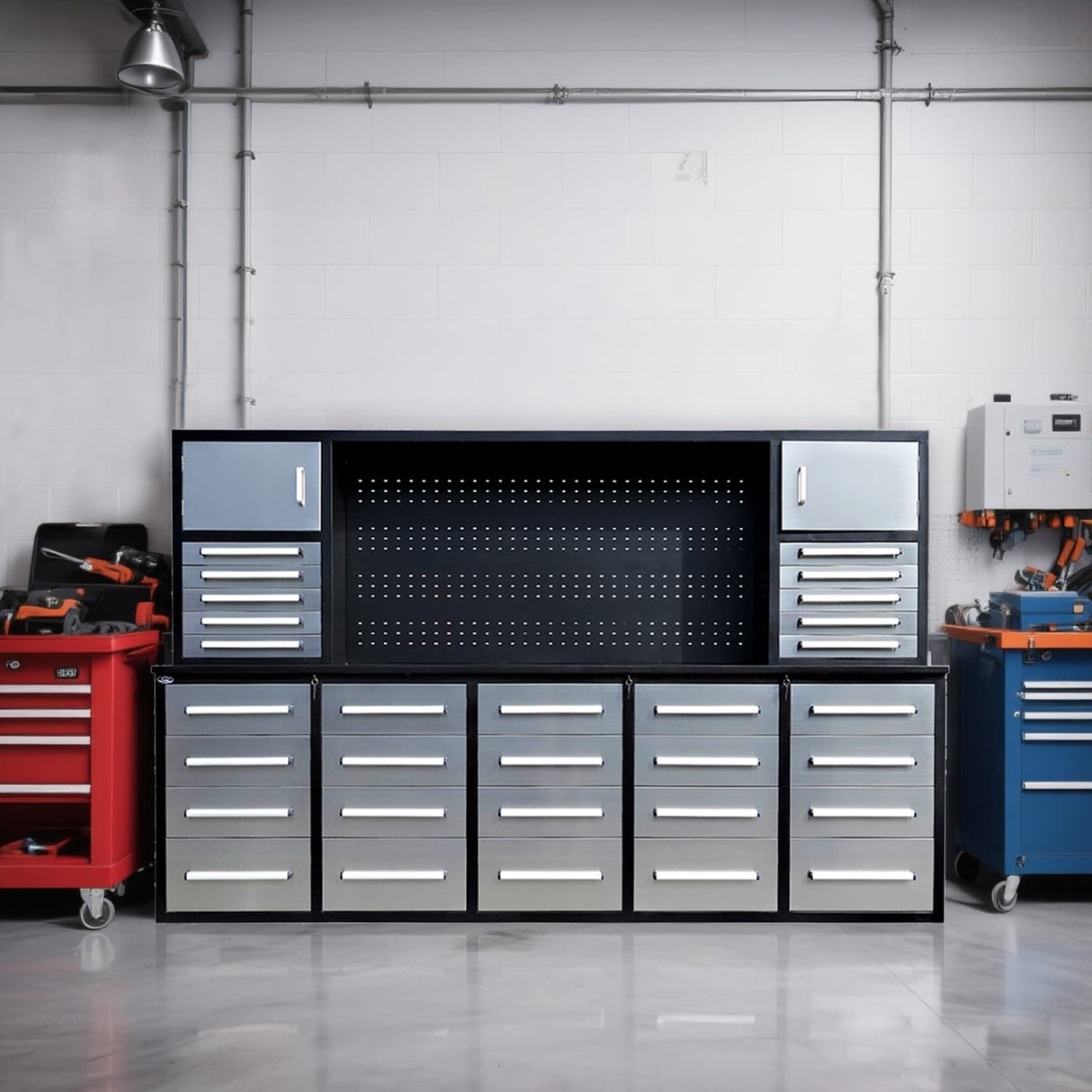 10' Workbench Cabinet with 30 Drawers, 2 Cabinets & Pegboard