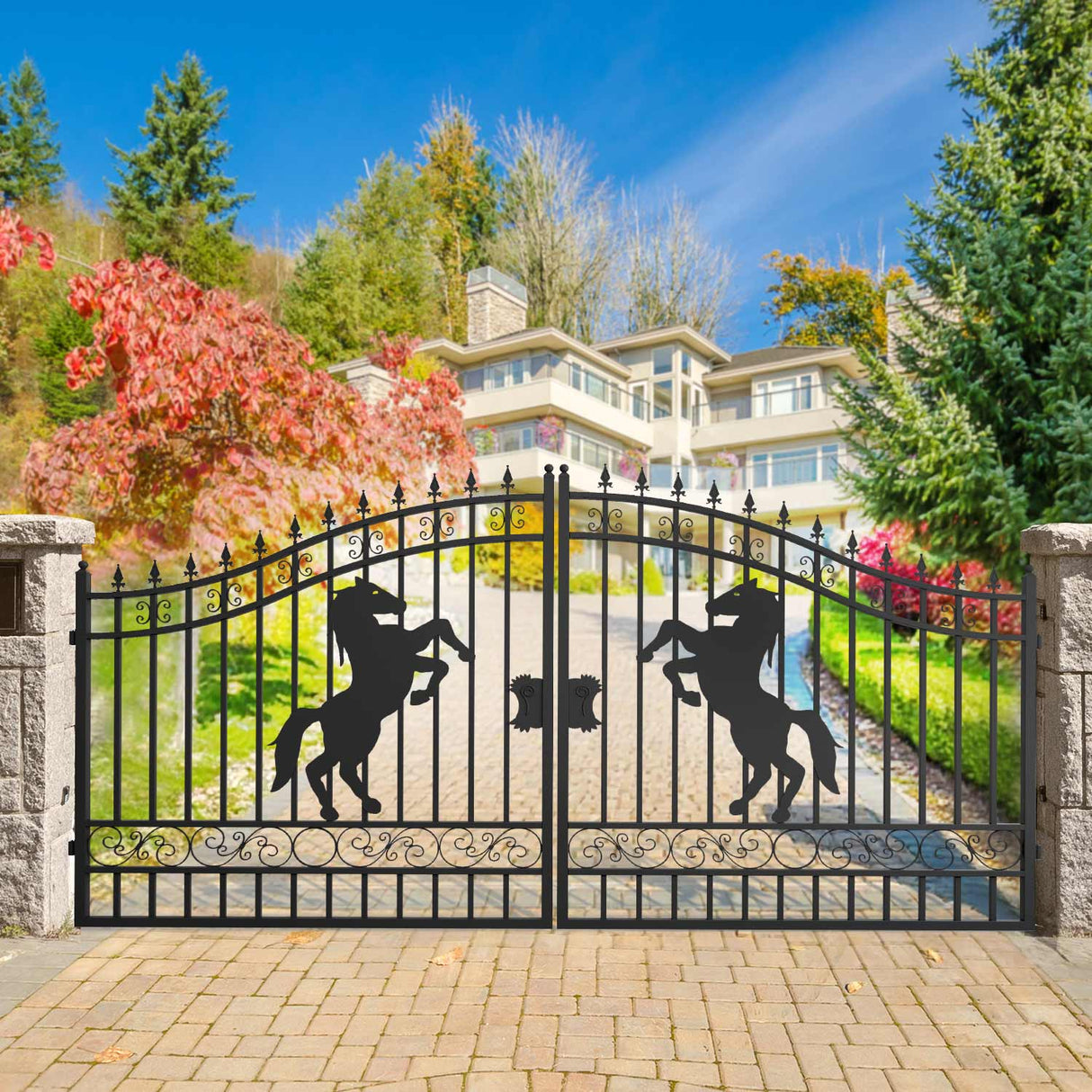14' × 8' Galvanized-Steel Dual-Swing Driveway Gate with Horse Design
