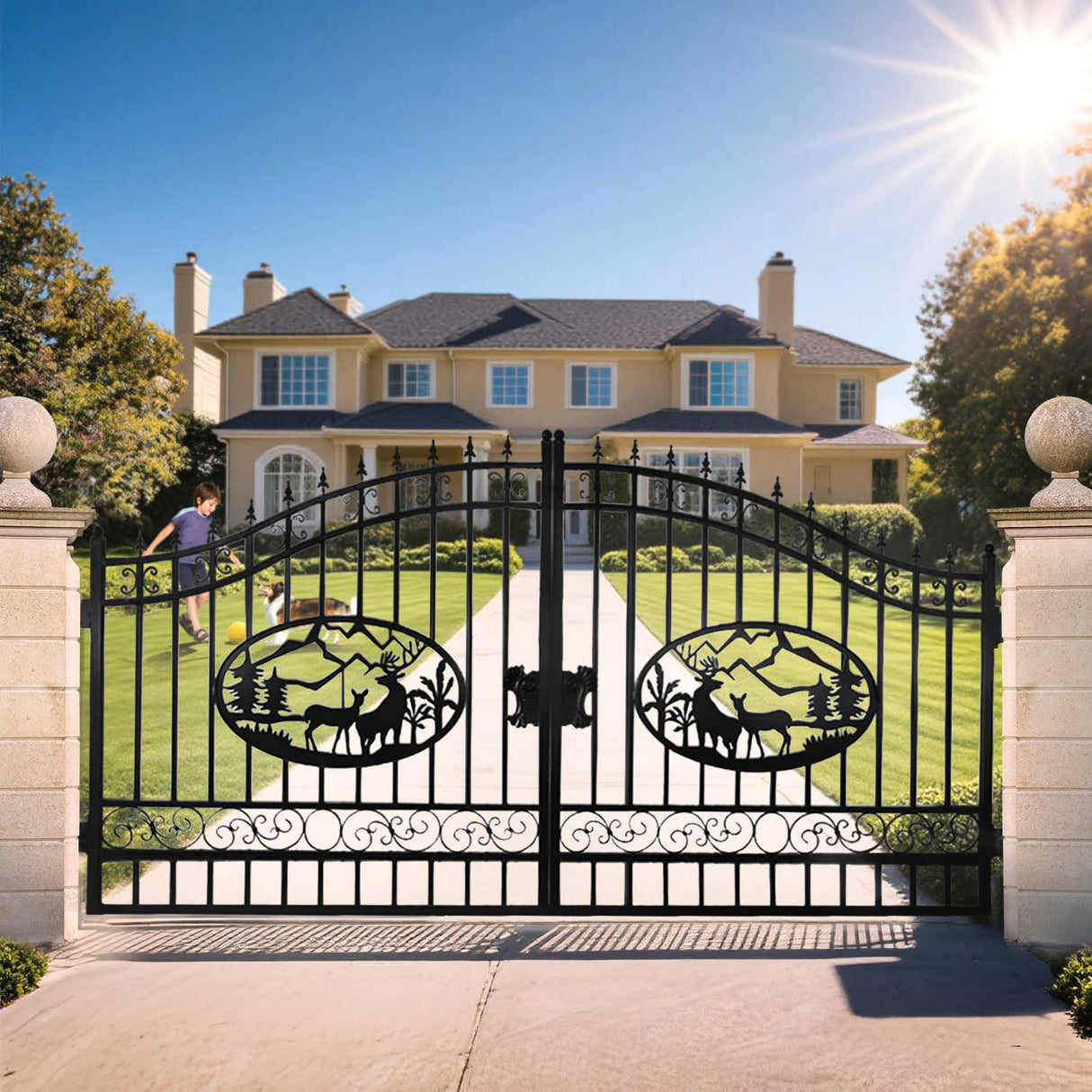 14' × 8' Steel Dual-Swing Driveway Gate with Deer Motif – Black