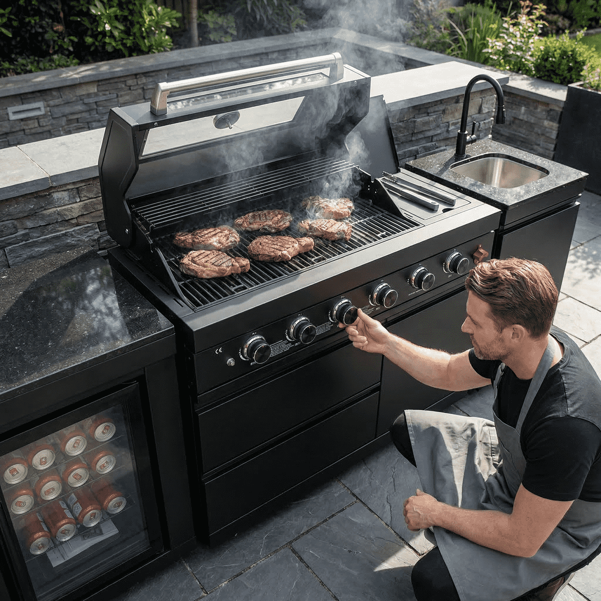 85" Outdoor Kitchen with 4-Burner Grill, Compact Refrigerator & Sink – Black