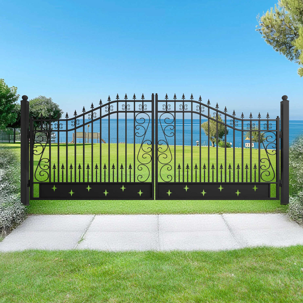 16' × 8' Hot-Dip Galvanized-Steel Dual-Swing Driveway Gate with Star Pattern