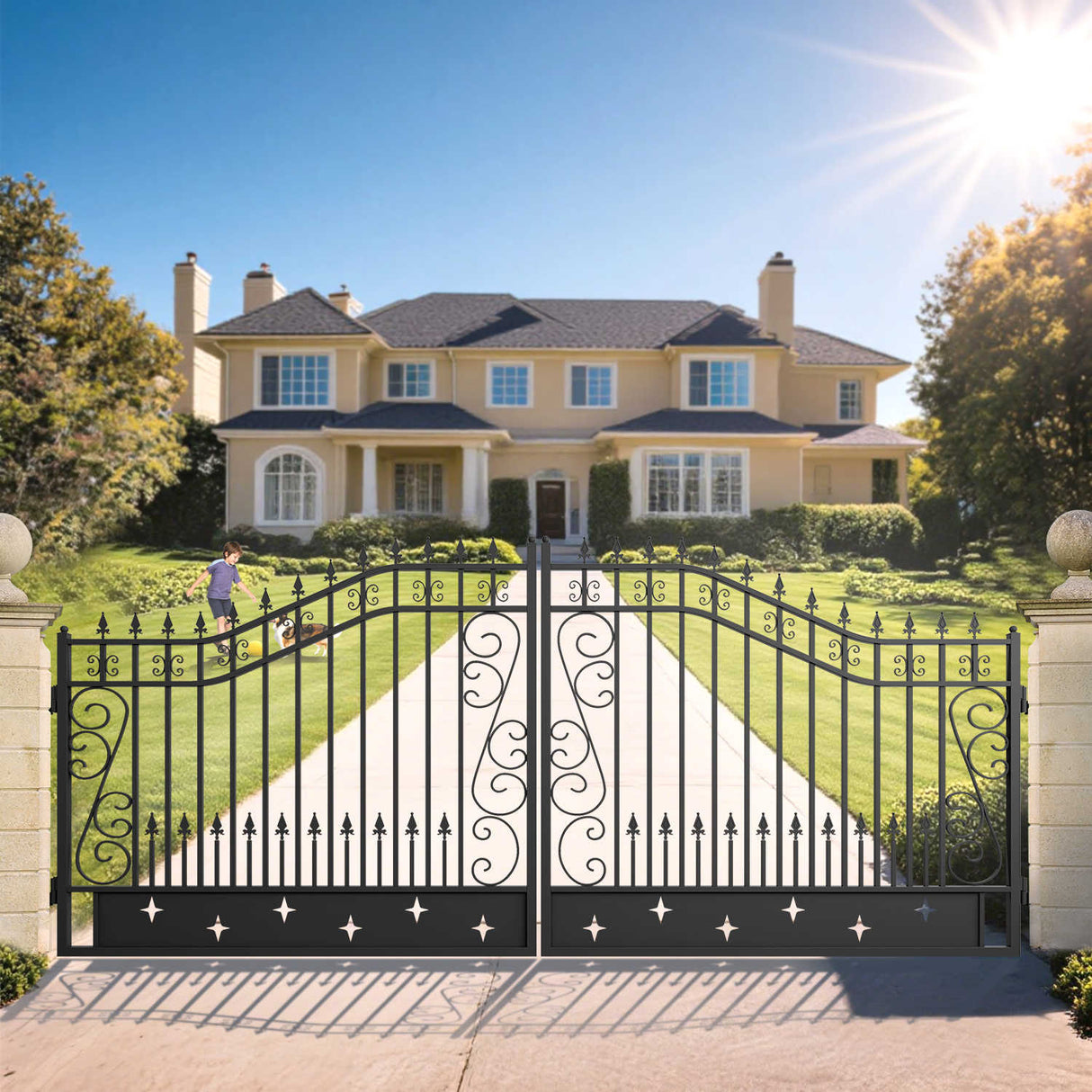16' × 8' Hot-Dip Galvanized-Steel Dual-Swing Driveway Gate with Star Pattern