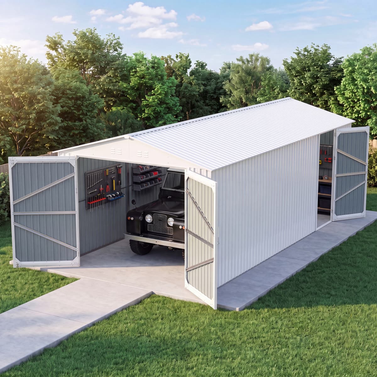 10' × 20' Plus Metal Garage Shed with Double Front Doors & Side Entry
