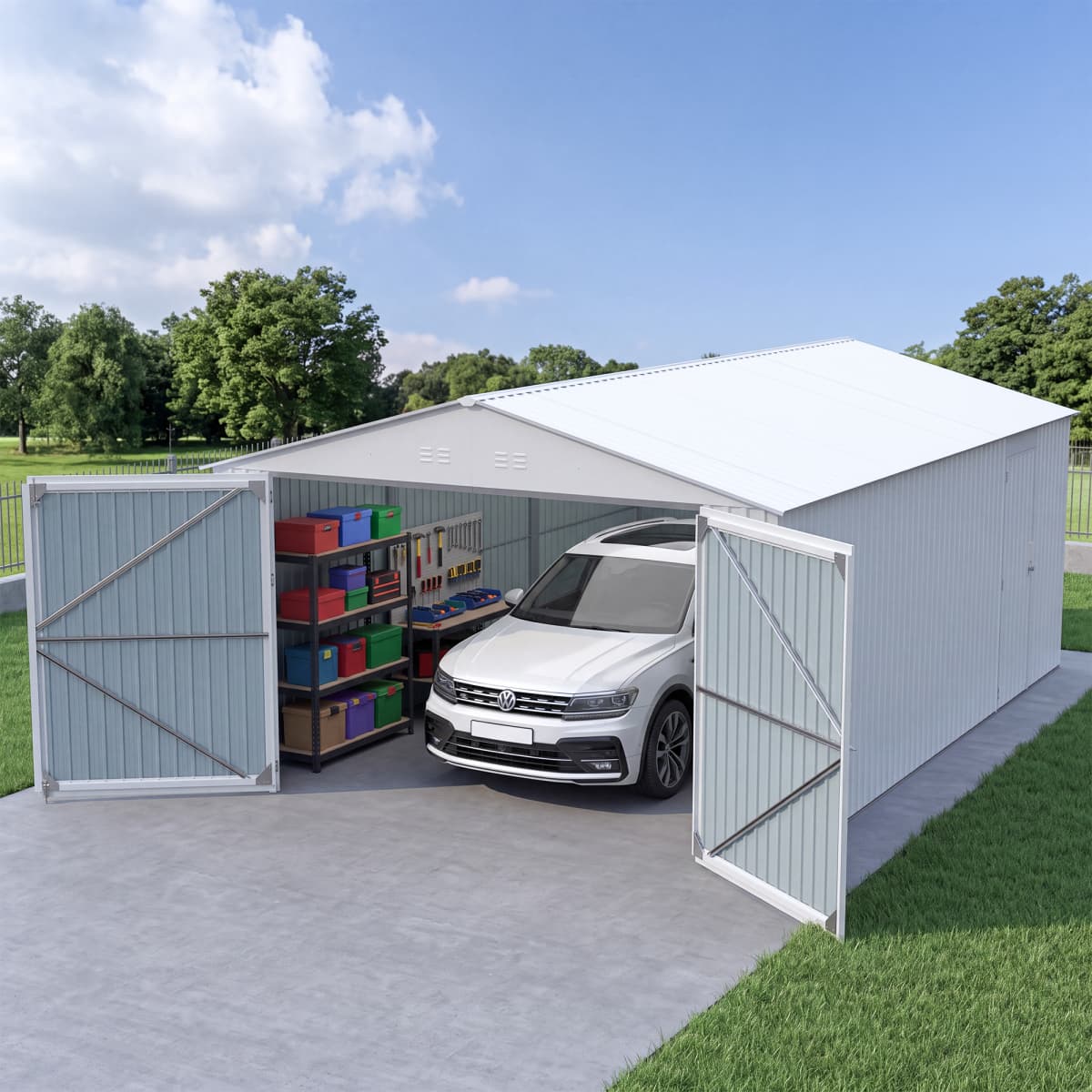 13' × 20' Upgraded Metal Garage Shed with Double Front Doors & Side Entry