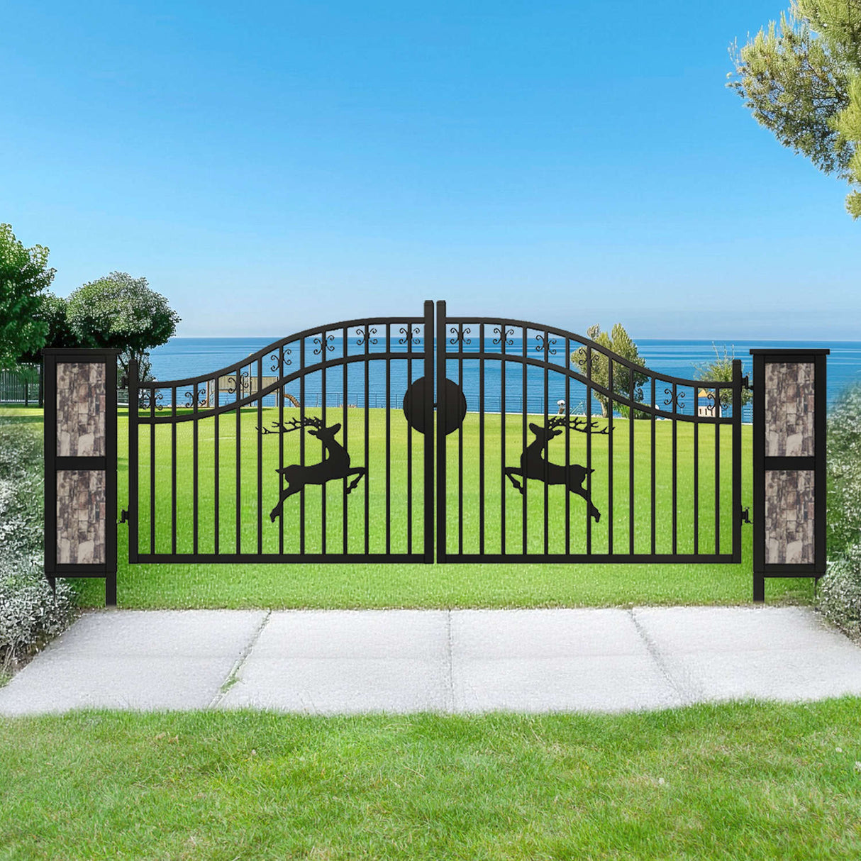 20' × 8' Powder-Coated Iron Dual-Swing Driveway Gate with Deer Motif