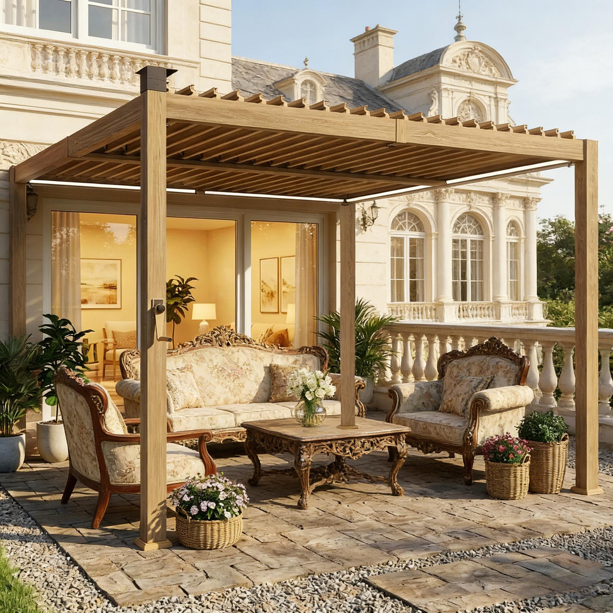 9.8' × 9.8' Metal Louvered Pergola with Solar LED Lighting – Brown