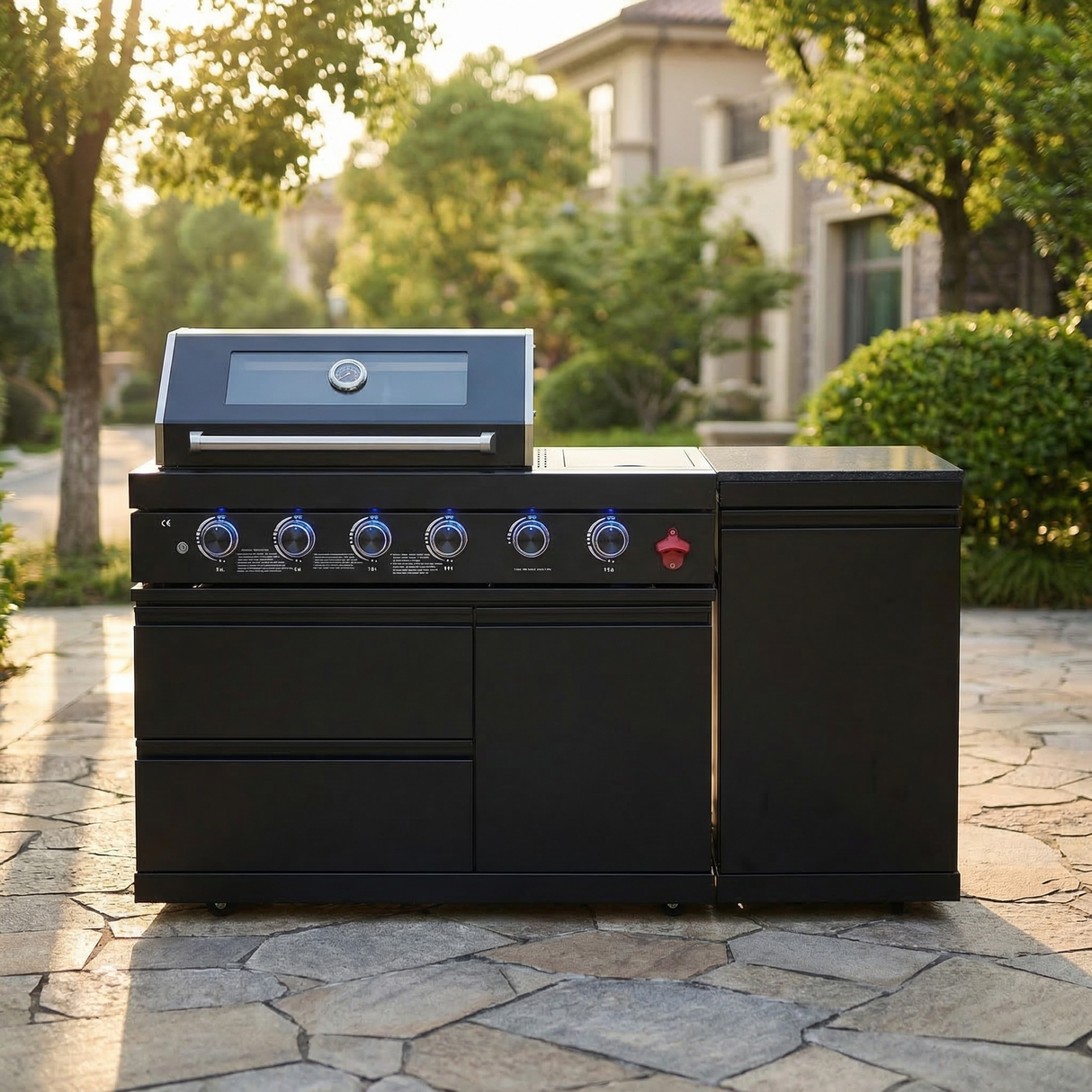 65" Outdoor Kitchen with 4-Burner Grill, Side Burner & Refrigerator – Black