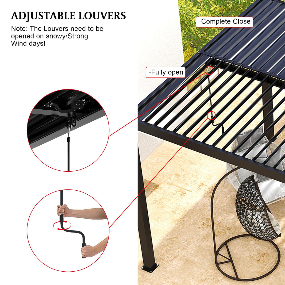 Adjustable Louvered Pergola with Hand Crank & Drainage System – Black
