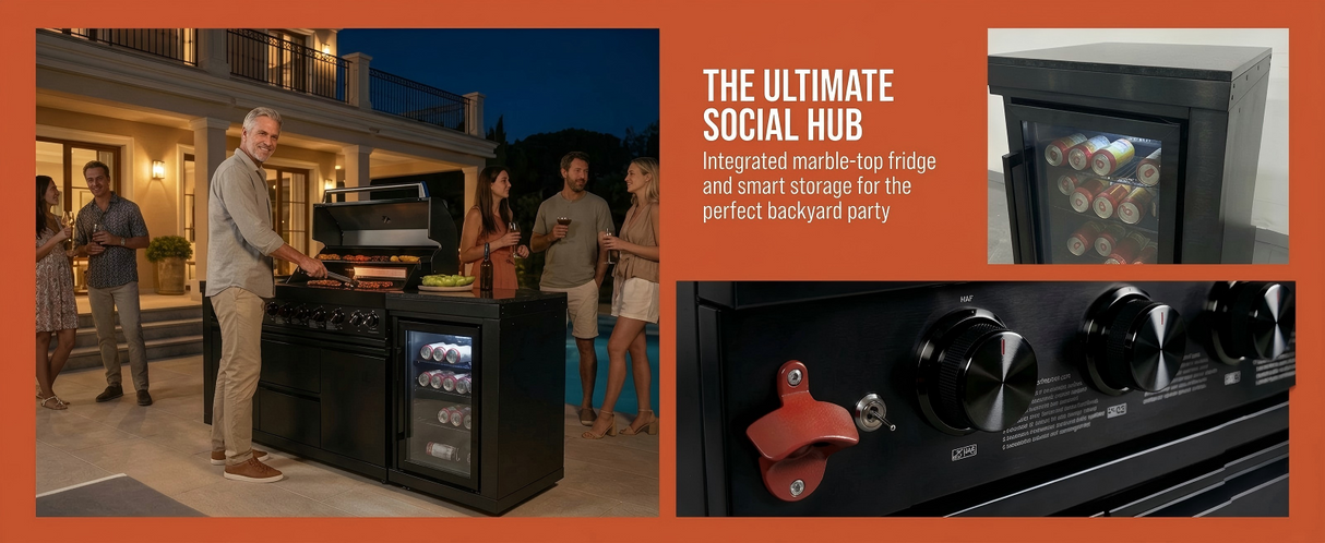 63" Six-Zone 85,000 BTU Outdoor Kitchen Island with Refrigerator & Sink – Black