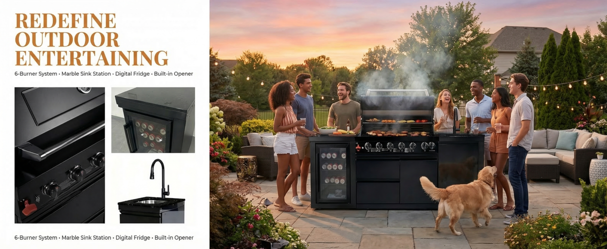 82" 85,000 BTU Outdoor Kitchen with 6-Burner Grill, Sink & Beverage Refrigerator – Black