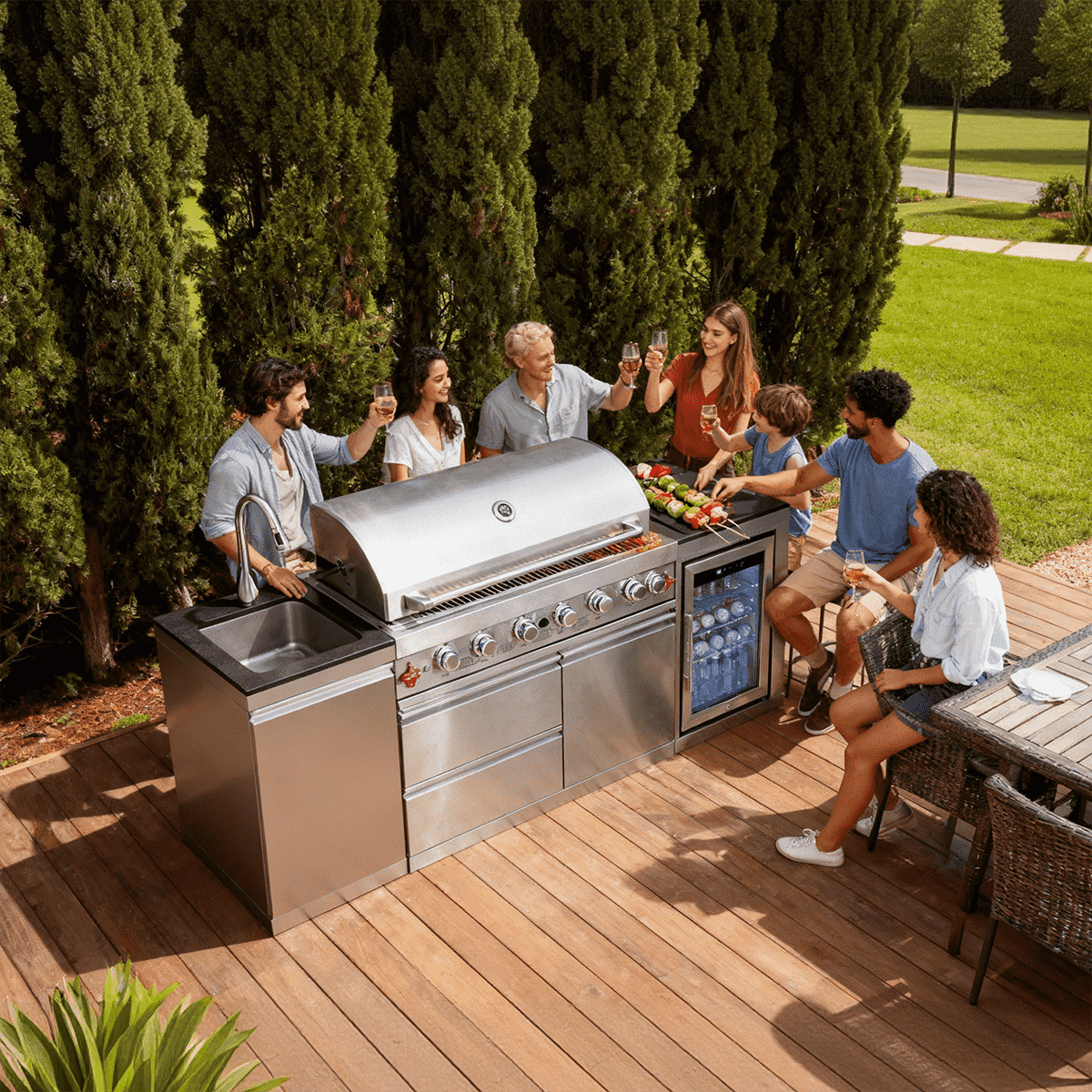 82.5" 83,500 BTU Outdoor Kitchen with 6-Burner Grill, Refrigerator & Sink – Silver