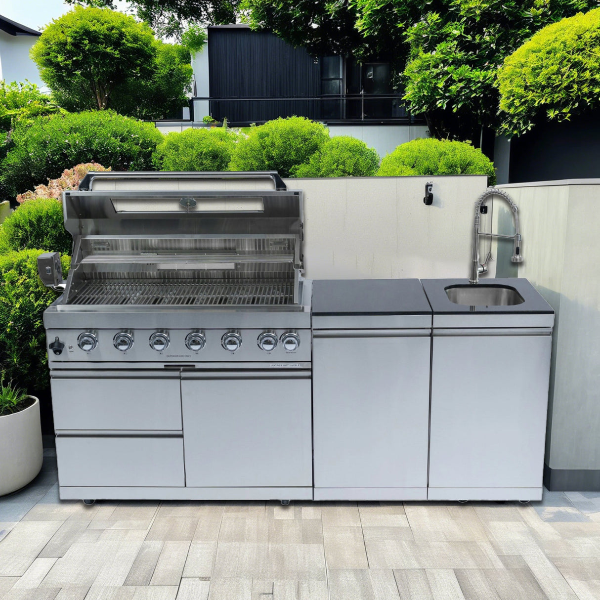 6-Burner 85,000 BTU Stainless Steel Outdoor Kitchen Island with Sink & Storage – Silver