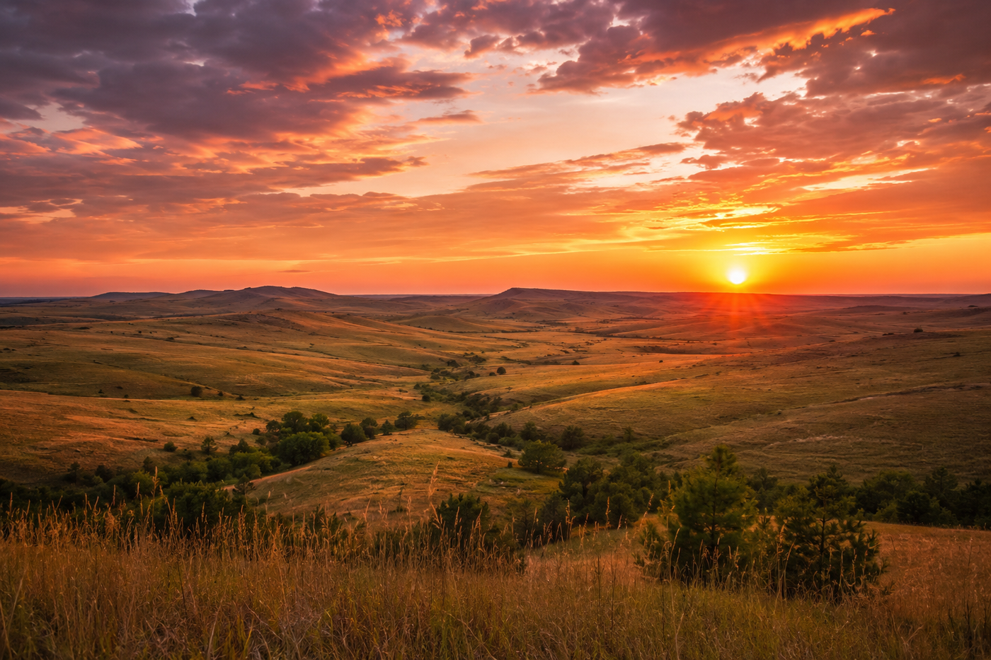 Sunset over the rolling Flint Hills of Kansas