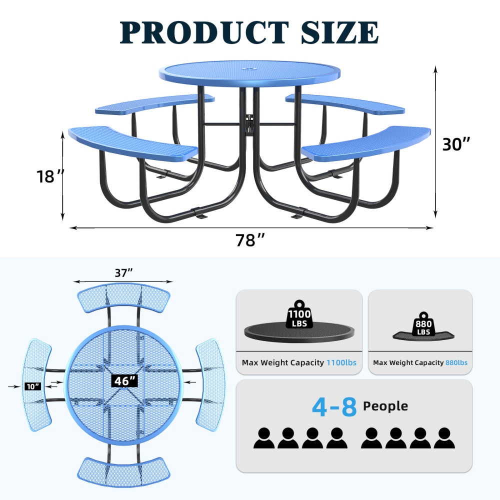 46" Round Heavy-Duty Coated-Steel Picnic Table with Umbrella Hole