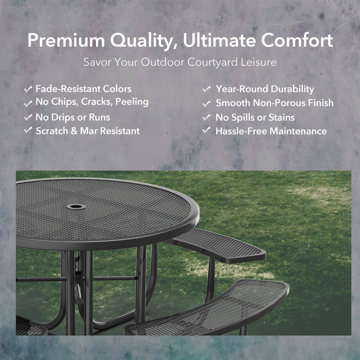 46" Round Heavy-Duty Coated-Steel Picnic Table with Umbrella Hole