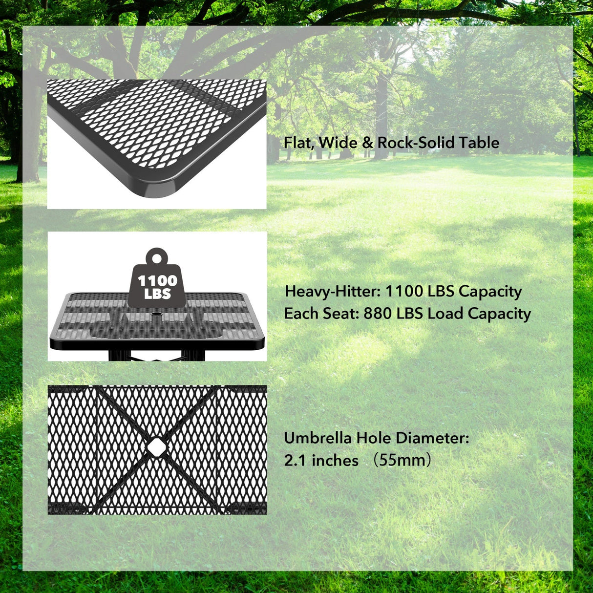 46" Square Heavy-Duty Coated-Steel Picnic Table with Umbrella Hole