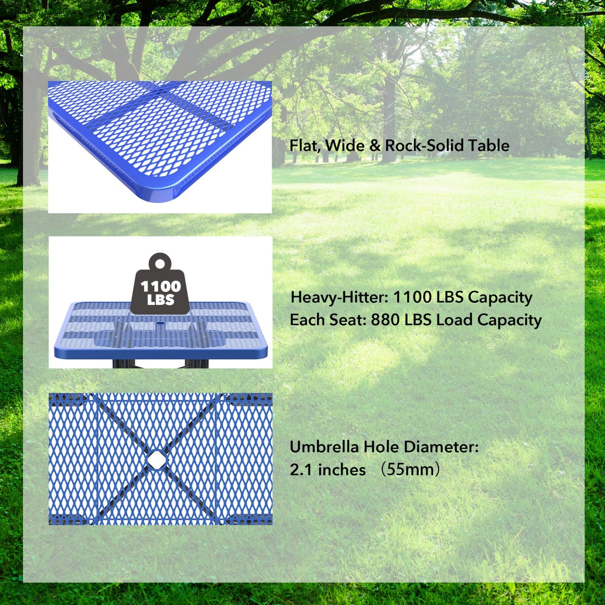 46" Square Heavy-Duty Coated-Steel Picnic Table with Umbrella Hole