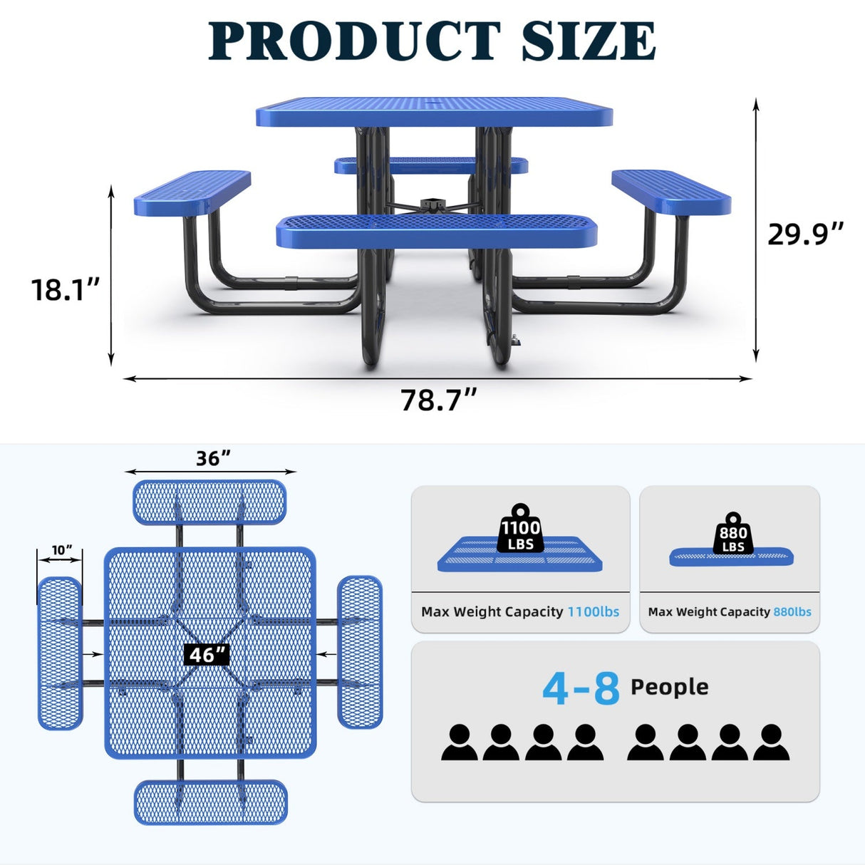 46" Square Heavy-Duty Coated-Steel Picnic Table with Umbrella Hole