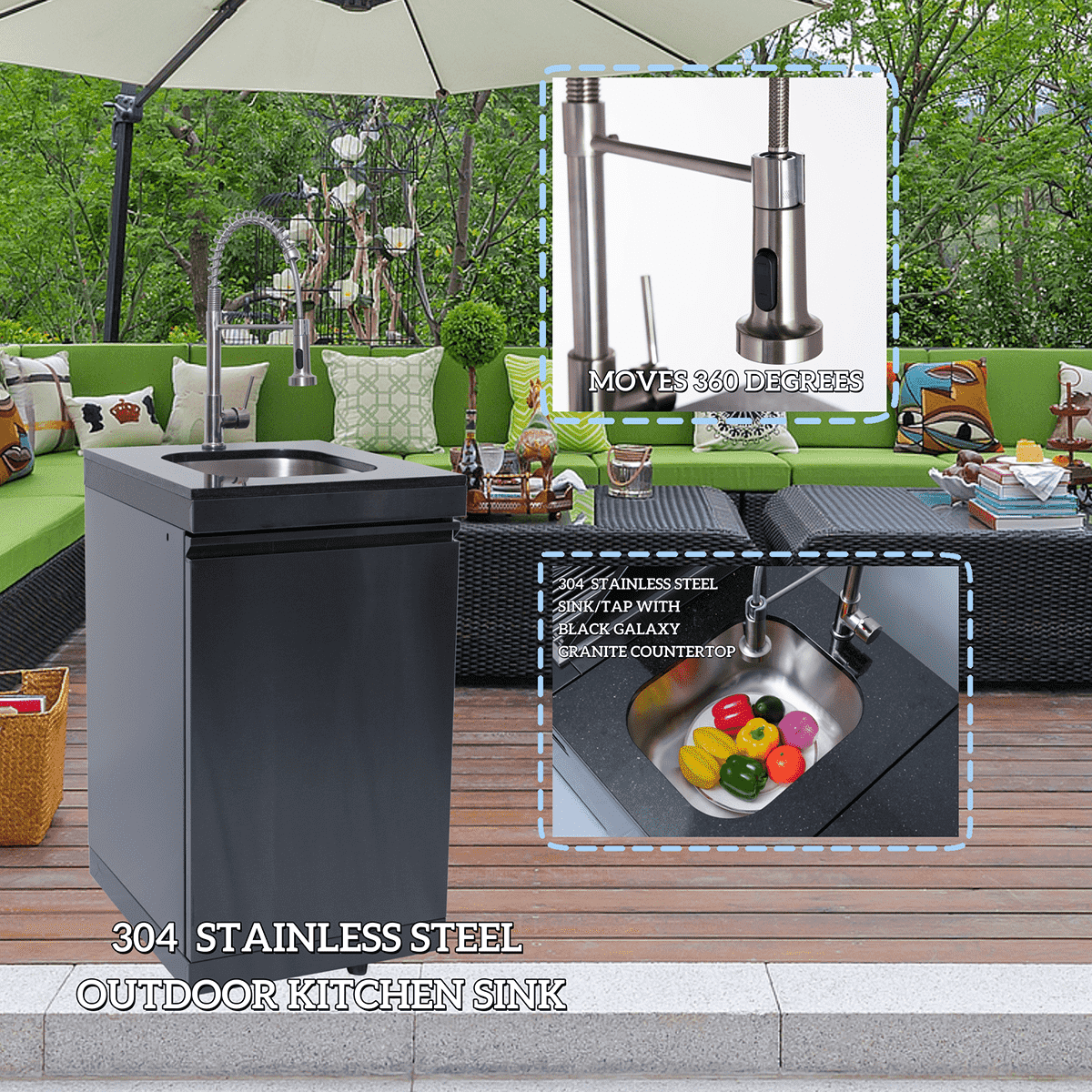 85" Natural Gas Outdoor Kitchen with 6-Burner Grill, Refrigerator, Rotisserie & Sink – Black