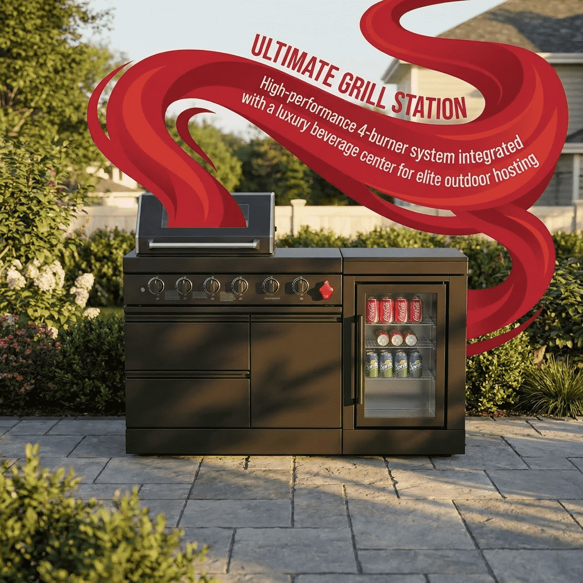 65" Outdoor Kitchen with 4-Burner Grill, Beverage Refrigerator & Marble Countertops – Black