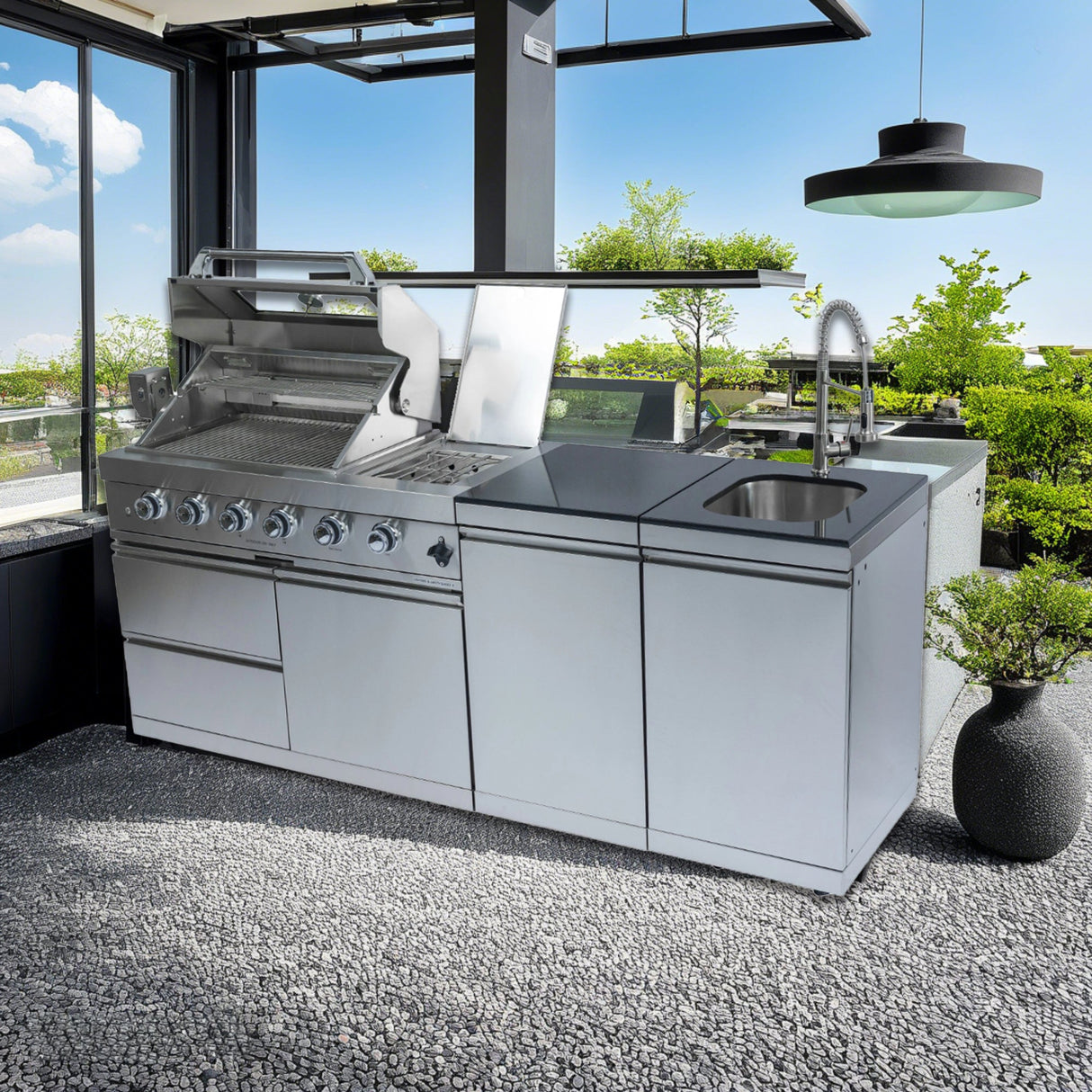 85" Propane Outdoor Kitchen with 4-Burner Grill, Side Burner & Storage – Silver