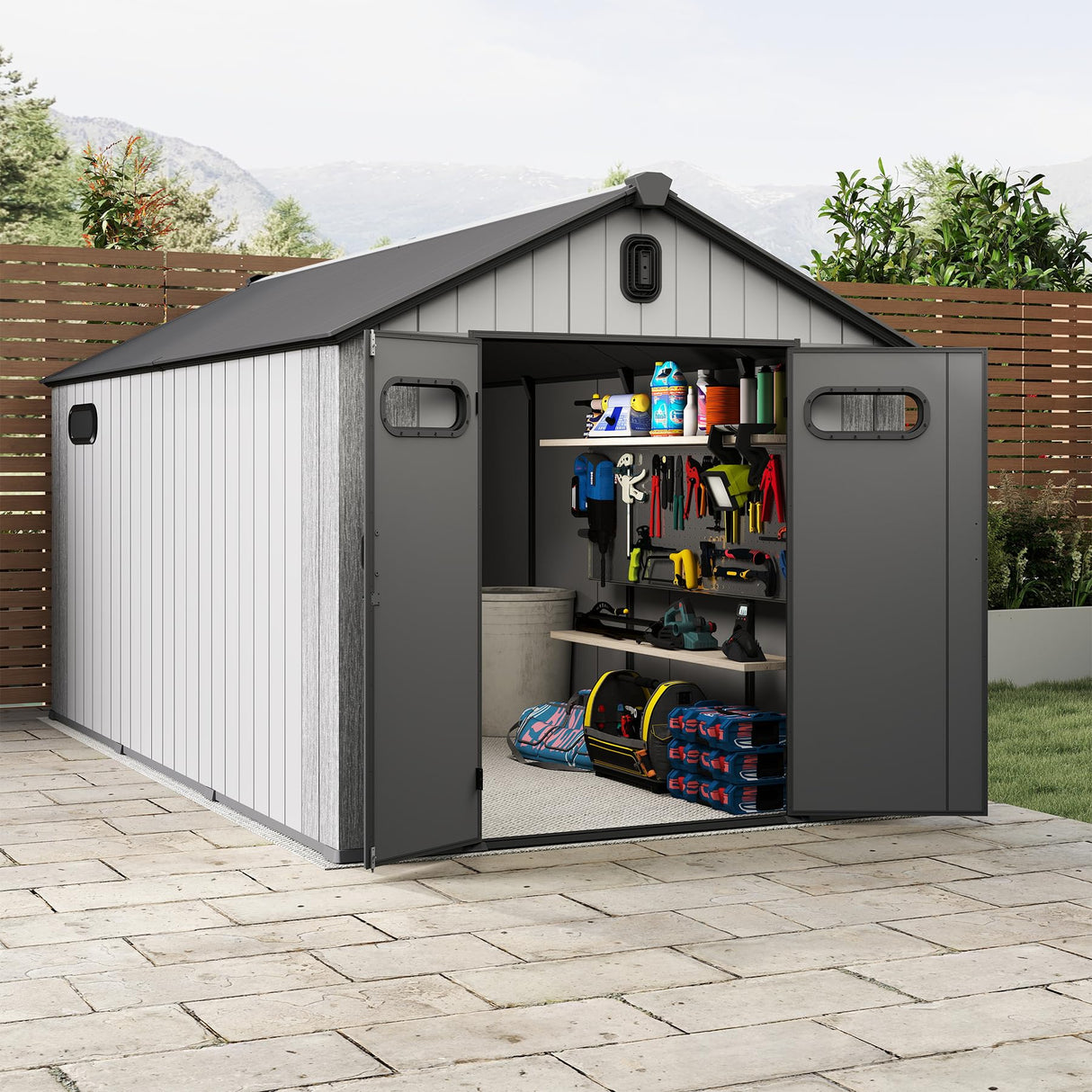 8' × 16' Resin Outdoor Storage Shed with Carpeted Interior