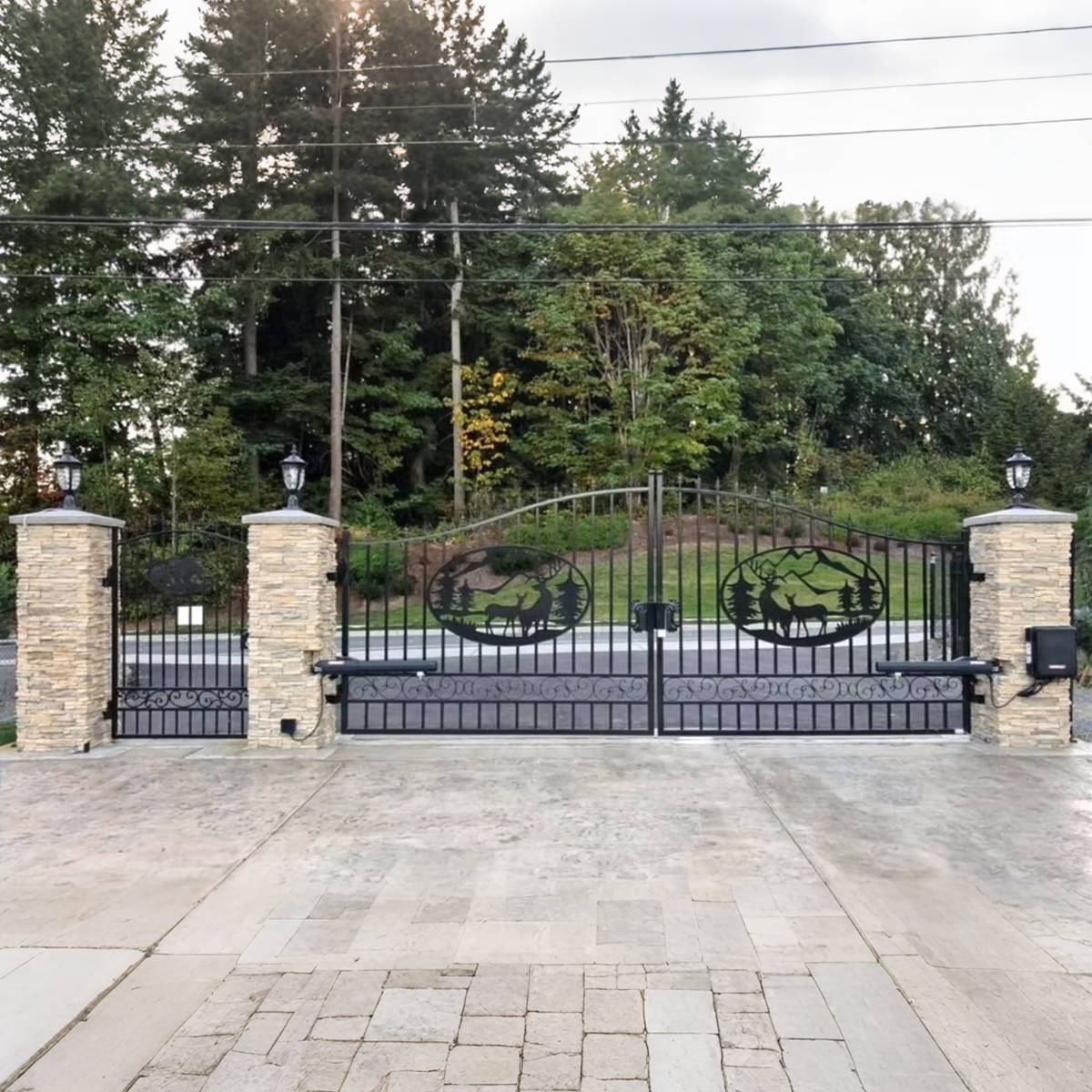 14' × 8' Steel Dual-Swing Driveway Gate with Deer Motif – Black