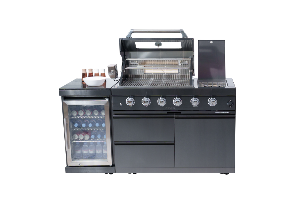 4-Burner Stainless Steel Outdoor Kitchen Island with Beverage Refrigerator & Rotisserie – Black