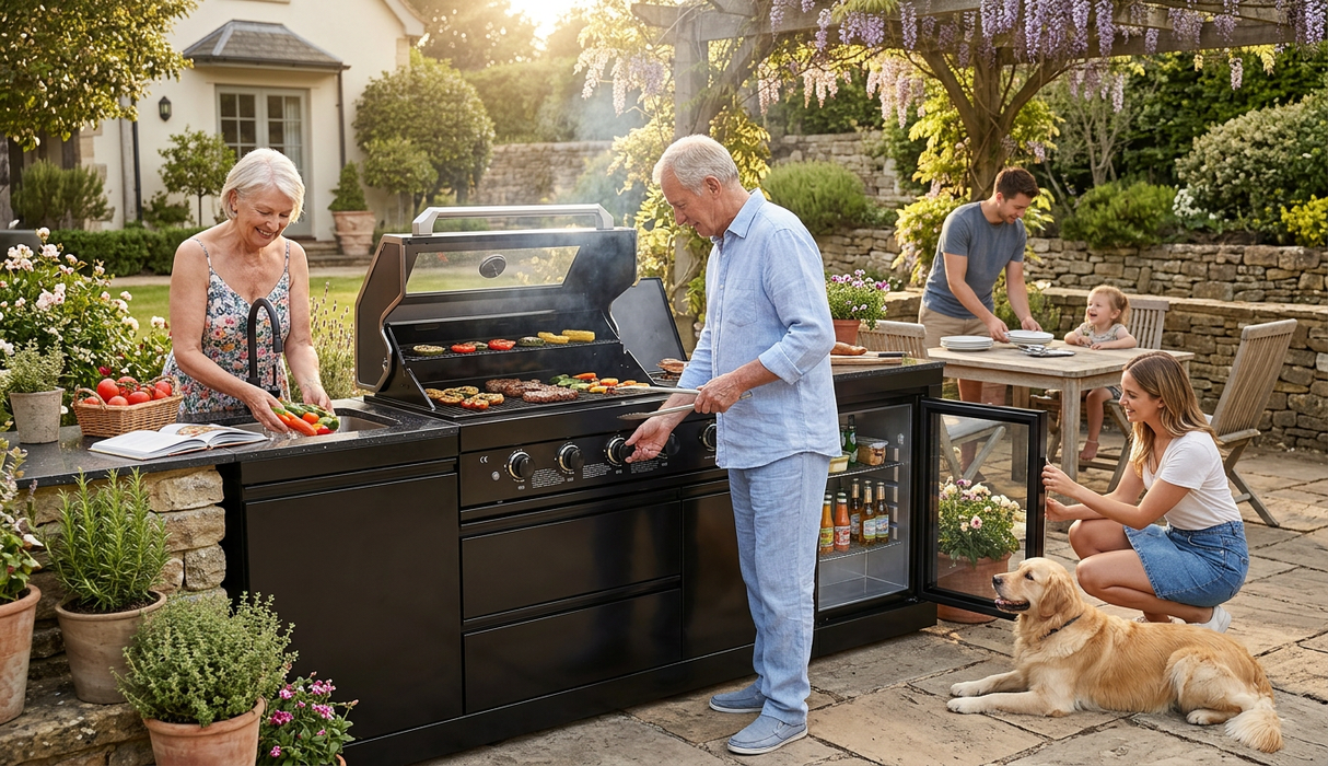 85" Outdoor Kitchen with 4-Burner Grill, Compact Refrigerator & Sink – Black