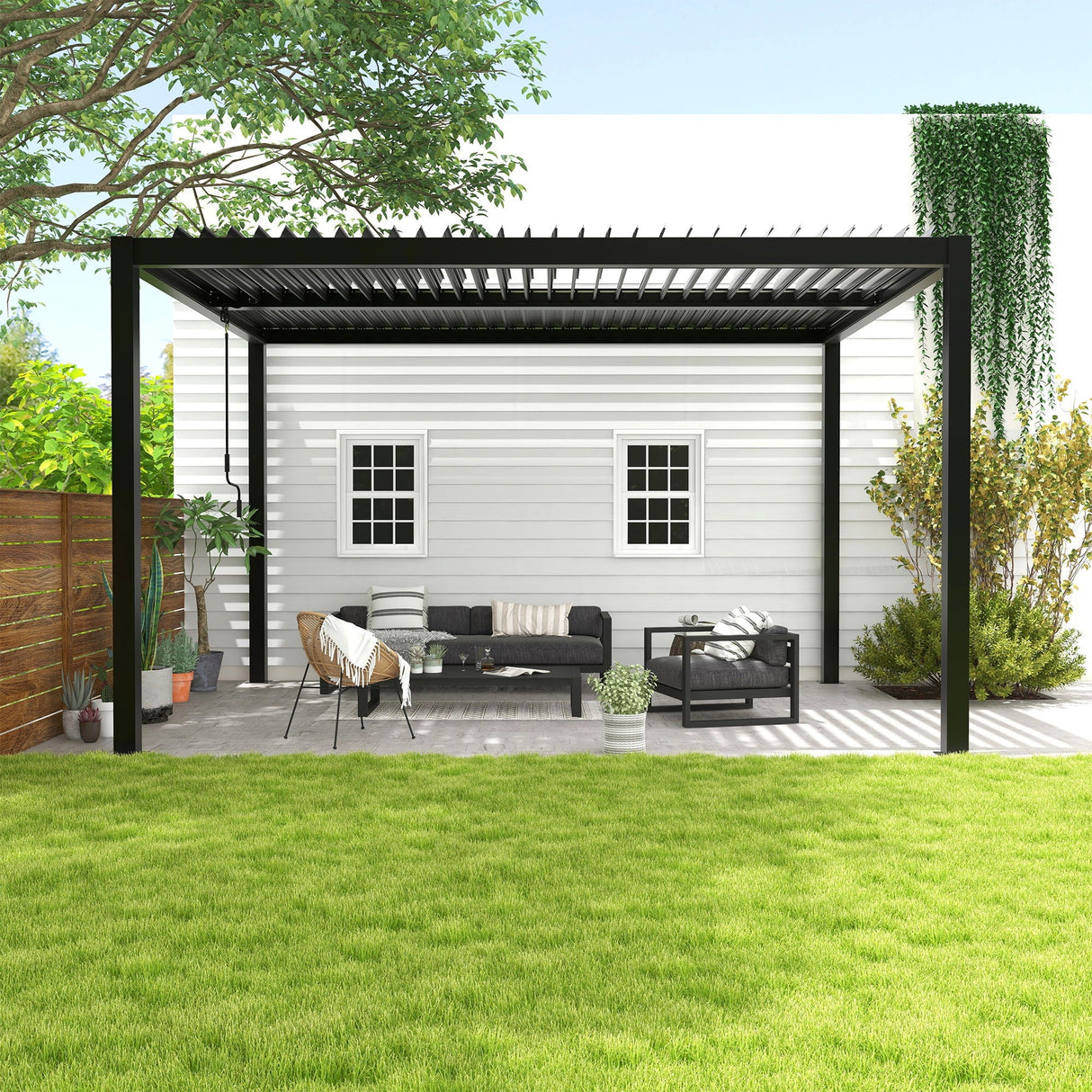 Adjustable Louvered Pergola with Hand Crank & Drainage System – Black