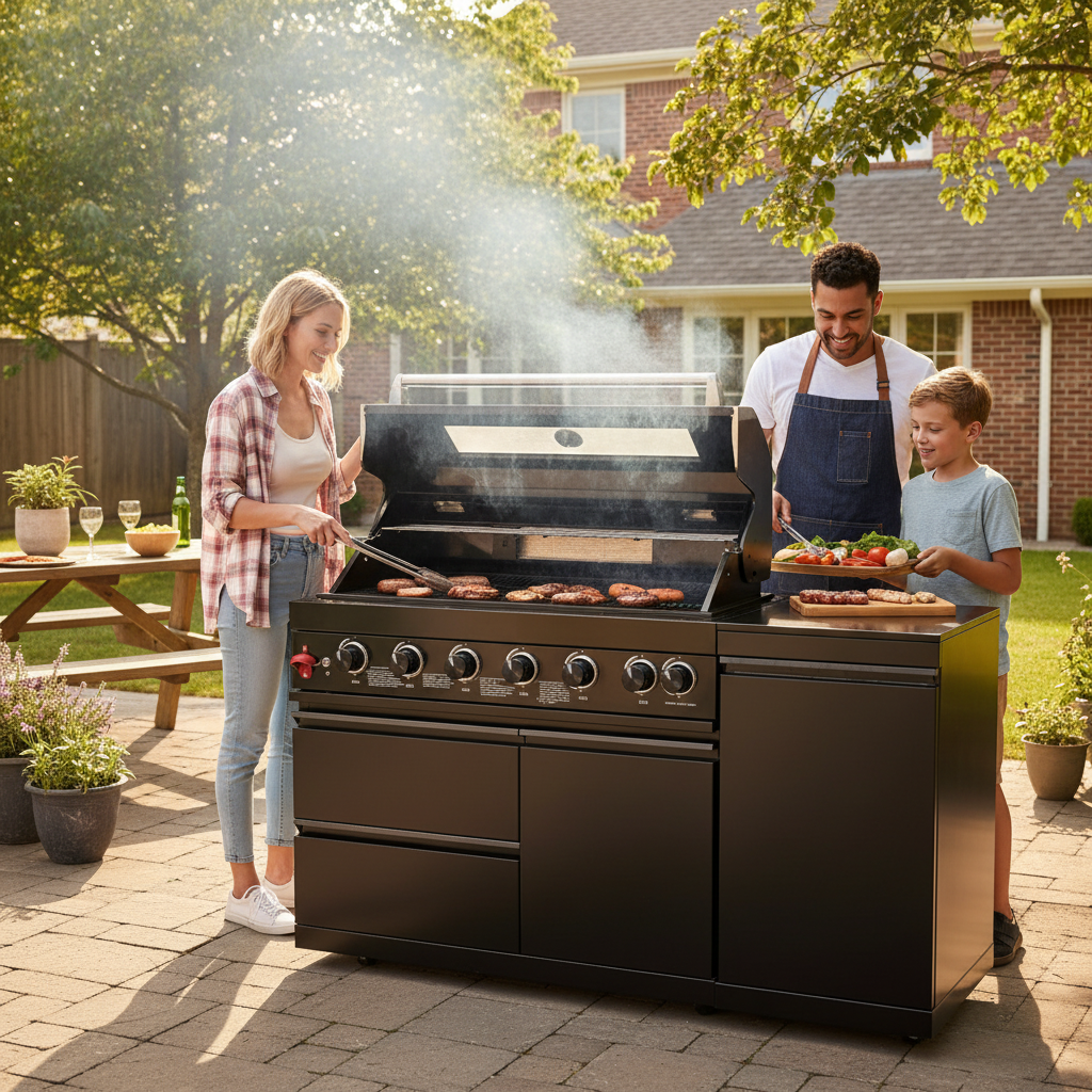 63" Six-Zone 85,000 BTU Outdoor Kitchen with Refrigerator & Marble Countertops – Black