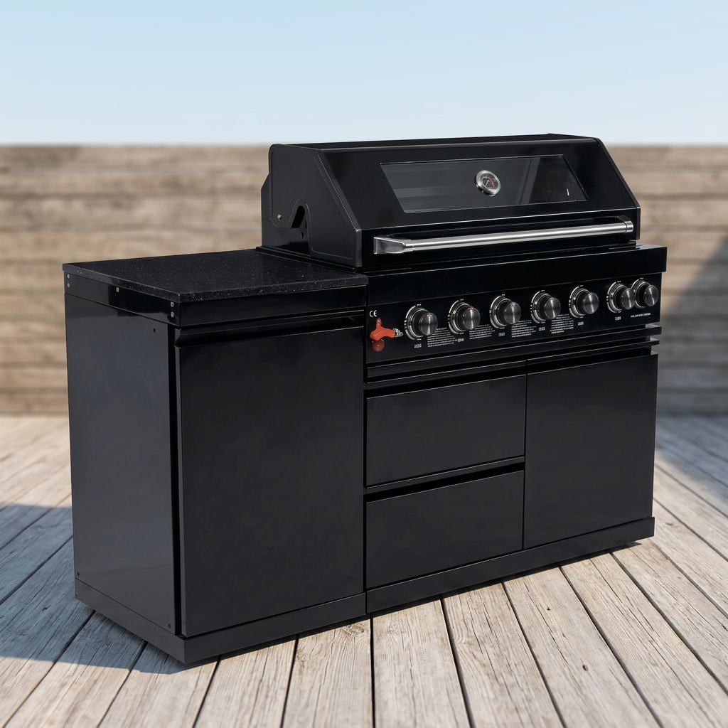 63" Six-Zone 85,000 BTU Outdoor Kitchen with Refrigerator & Marble Countertops – Black