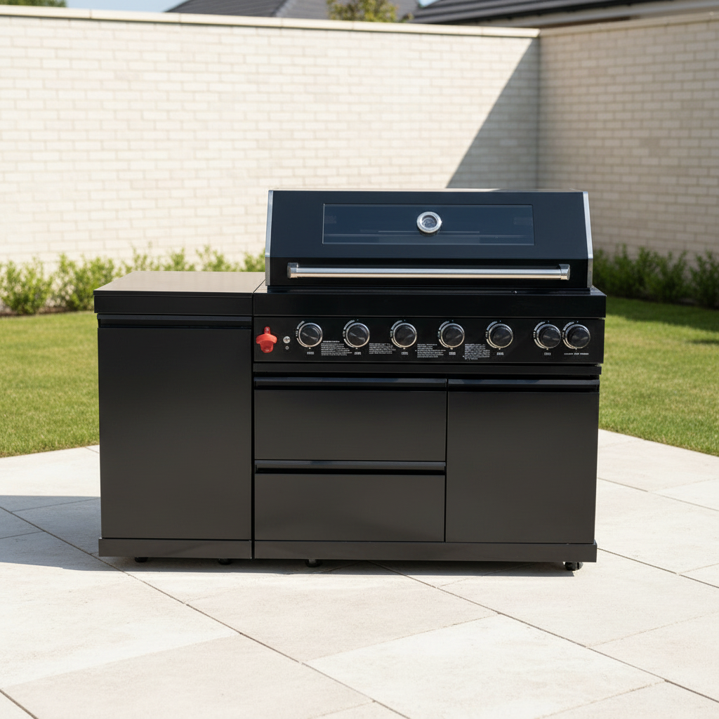 63" Six-Zone 85,000 BTU Outdoor Kitchen with Refrigerator & Marble Countertops – Black