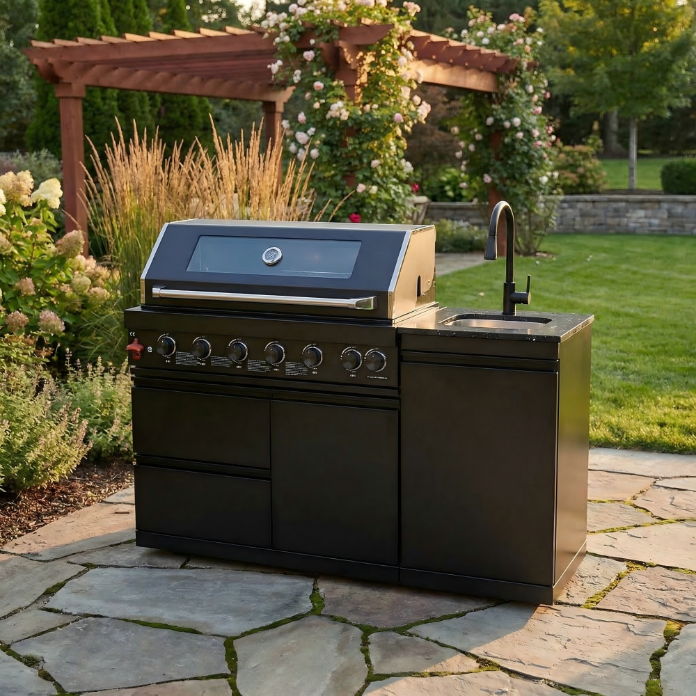 63" Six-Zone 85,000 BTU Outdoor Kitchen with Refrigerator & Sink – Black
