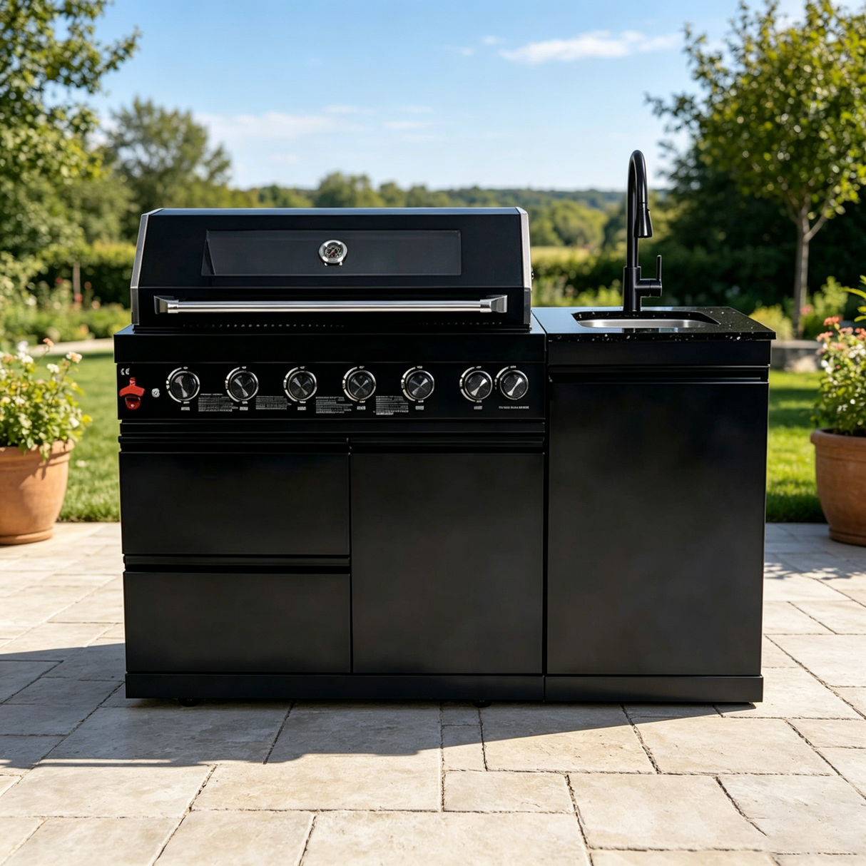 63" Six-Zone 85,000 BTU Outdoor Kitchen with Refrigerator & Sink – Black