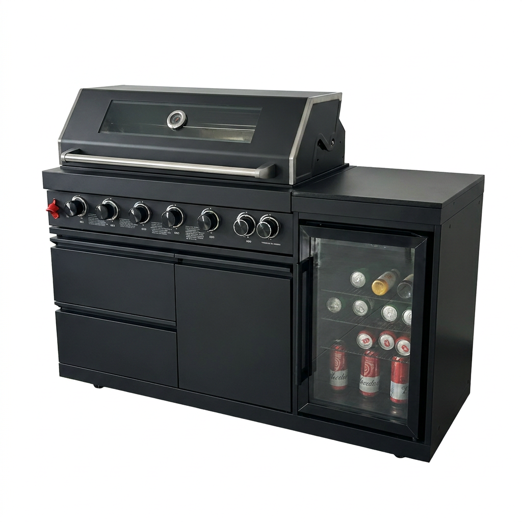 63" Six-Zone 85,000 BTU Outdoor Kitchen Island with Refrigerator & Sink – Black