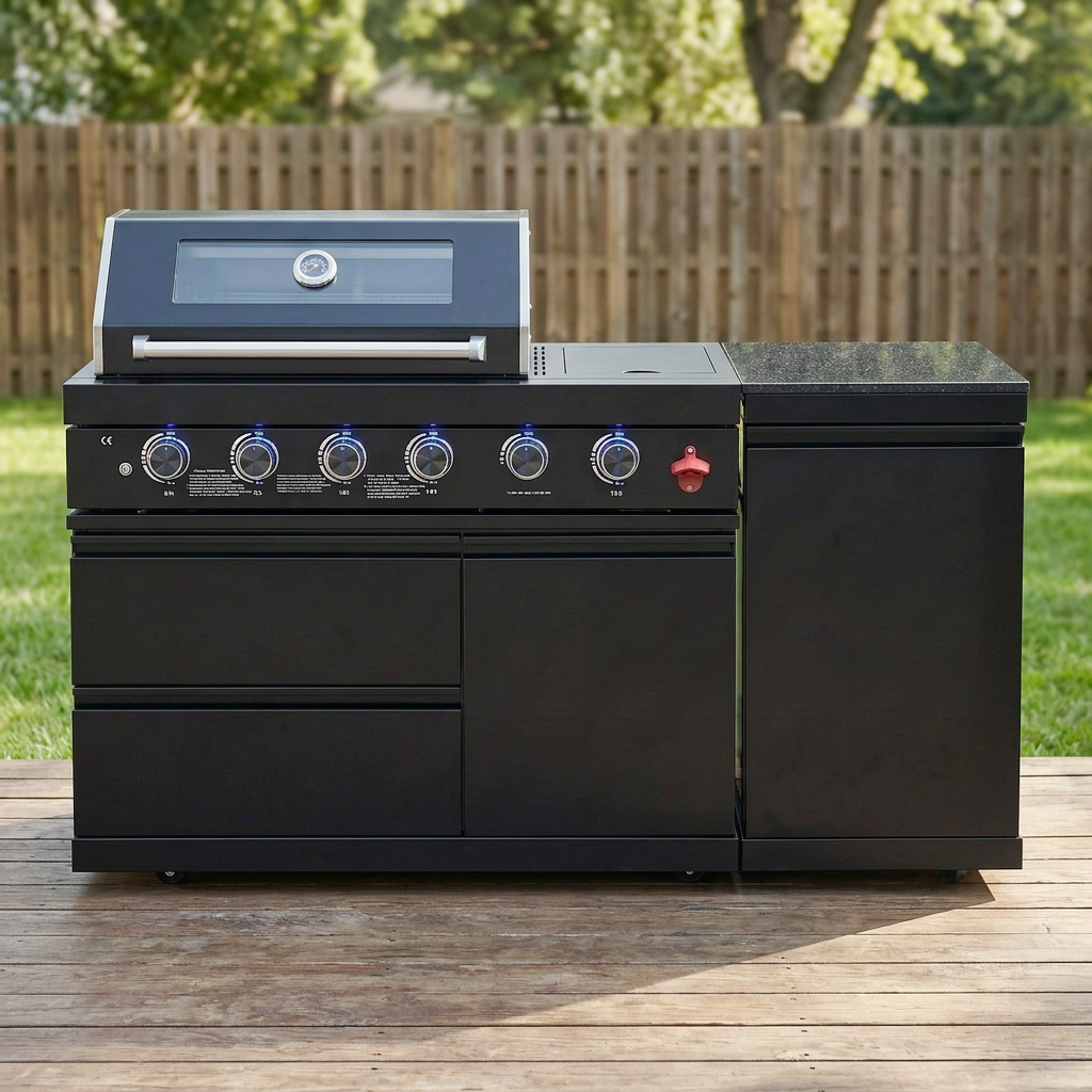 65" Outdoor Kitchen with 4-Burner Grill, Side Burner & Refrigerator – Black